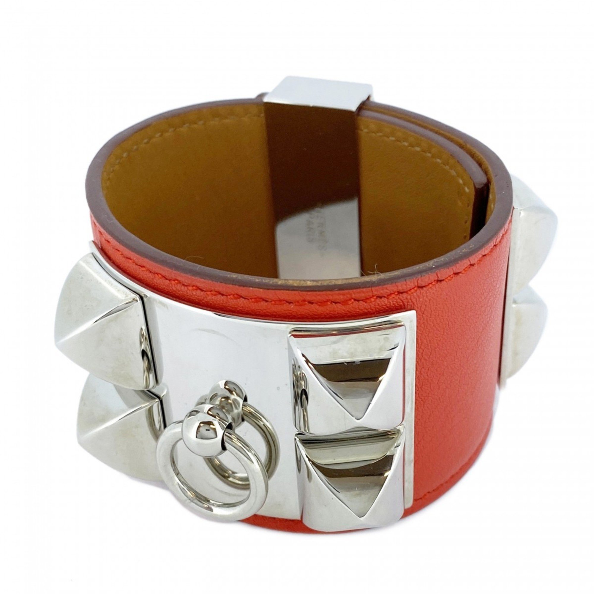 Hermes Bracelet Collier de Chien Metal Leather Silver Red Brown Q Engraved Men Women