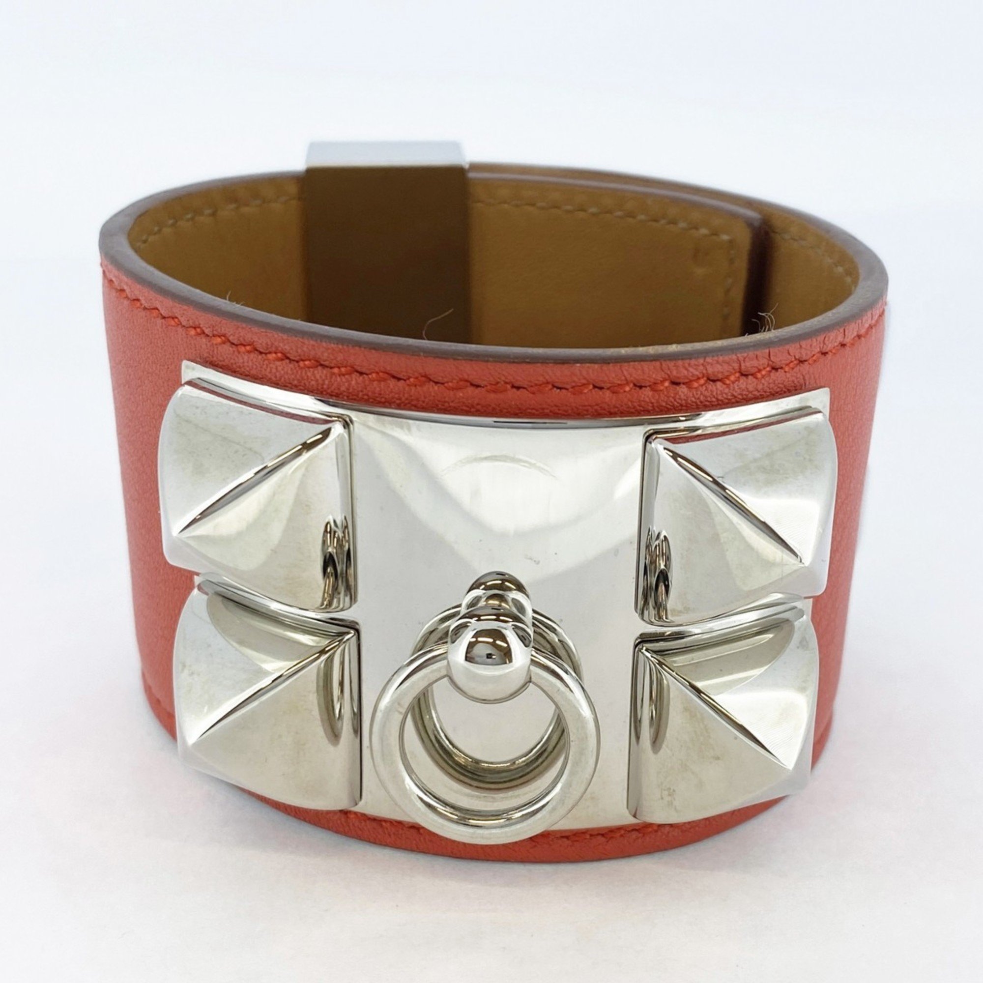 Hermes Bracelet Collier de Chien Metal Leather Silver Red Brown Q Engraved Men Women