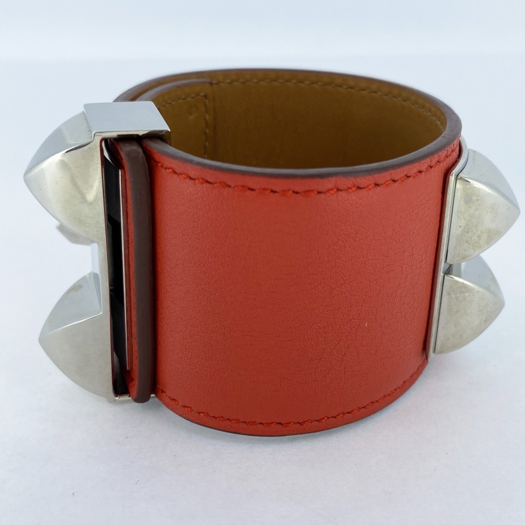 Hermes Bracelet Collier de Chien Metal Leather Silver Red Brown Q Engraved Men Women