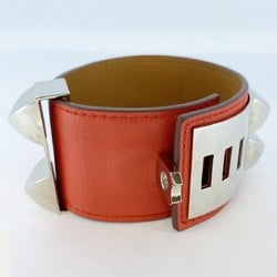 Hermes Bracelet Collier de Chien Metal Leather Silver Red Brown Q Engraved Men Women