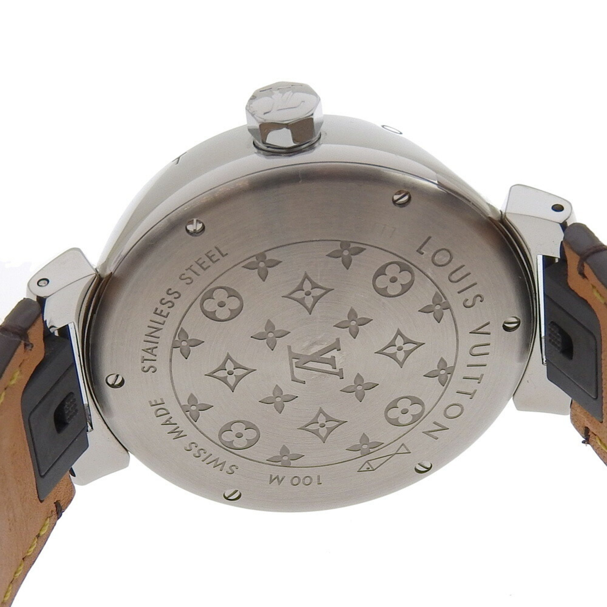 Louis Vuitton Tambour Watch Q1111 Stainless Steel x Monogram Canvas 1981 Quartz Analog Display Brown Dial Men's