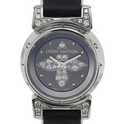 Louis Vuitton Tambour Viju Watch Q151K Stainless Steel x Embossed Leather Quartz Analog Display Black Dial Women's