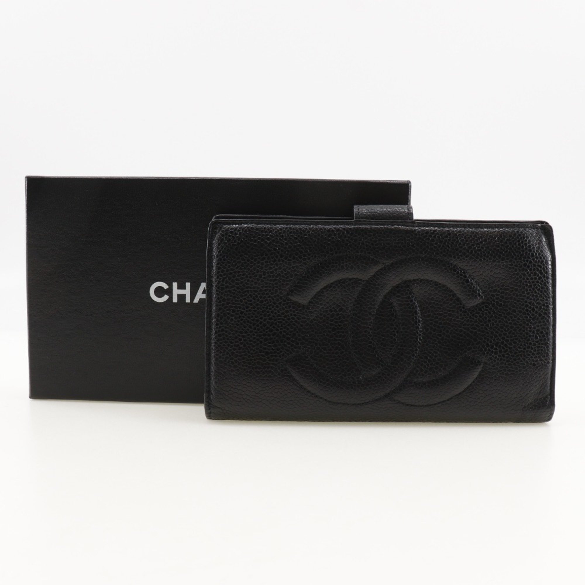 CHANEL Coco Mark Long Wallet A01429 Caviar Skin Black Snap Button COCO Women's