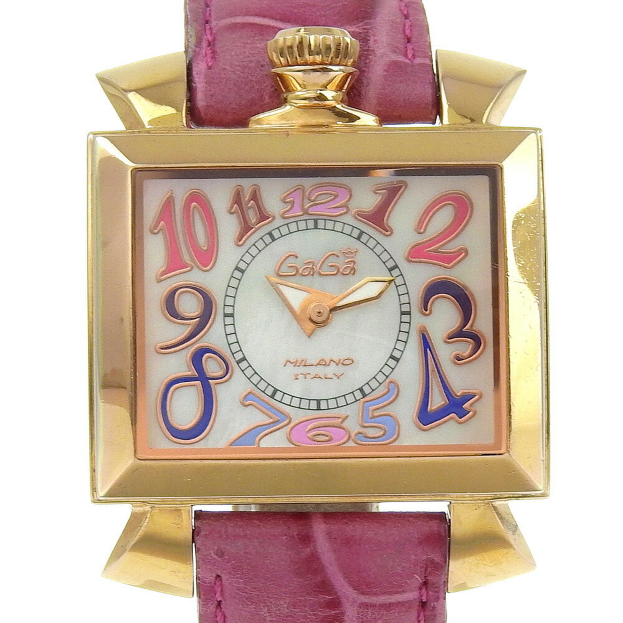 Gaga Milano Napoleon Watch, Gold-plated x Embossed Leather, Quartz, Analog Display, White Shell Dial, Napoleon, Women's