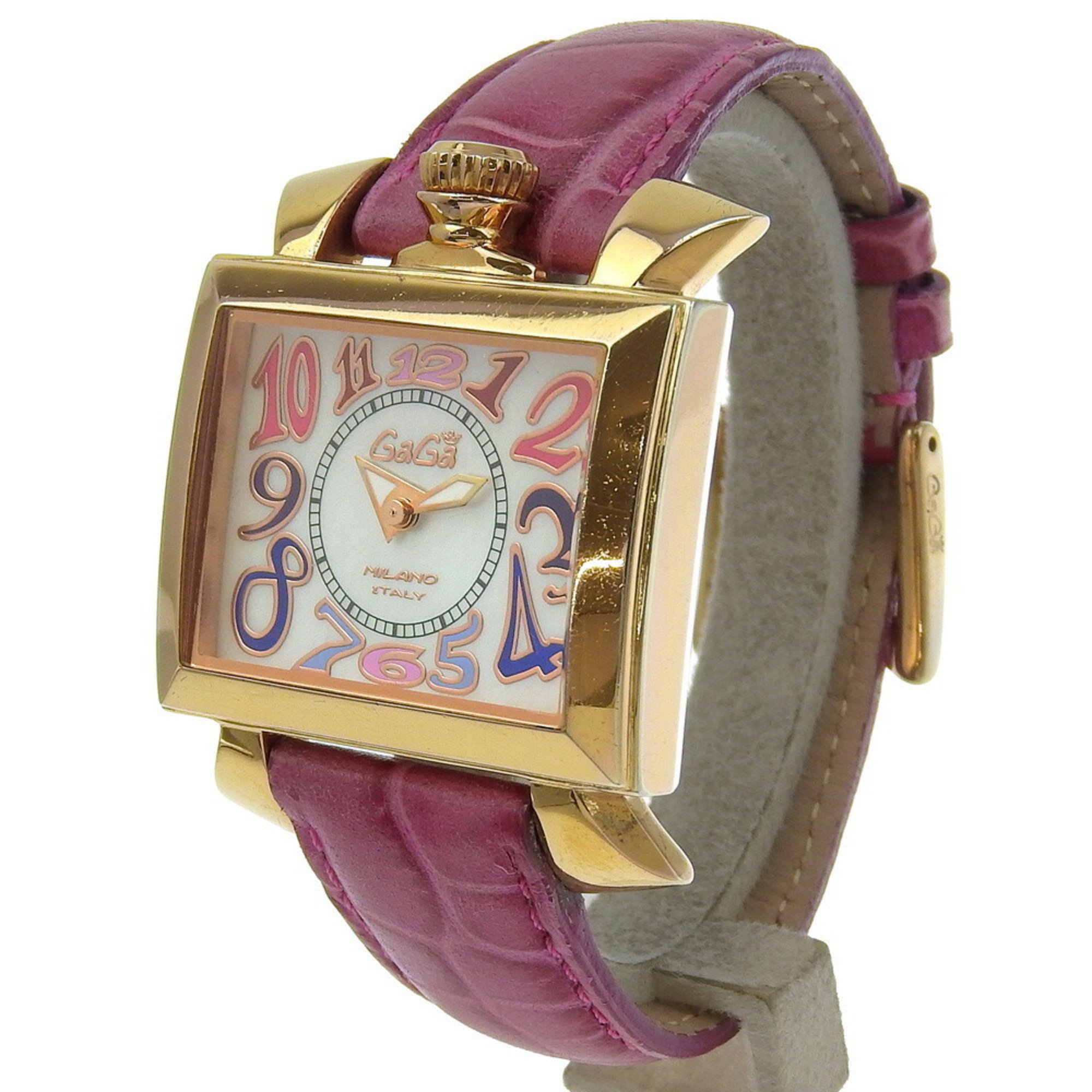 Gaga Milano Napoleon Watch, Gold-plated x Embossed Leather, Quartz, Analog Display, White Shell Dial, Napoleon, Women's