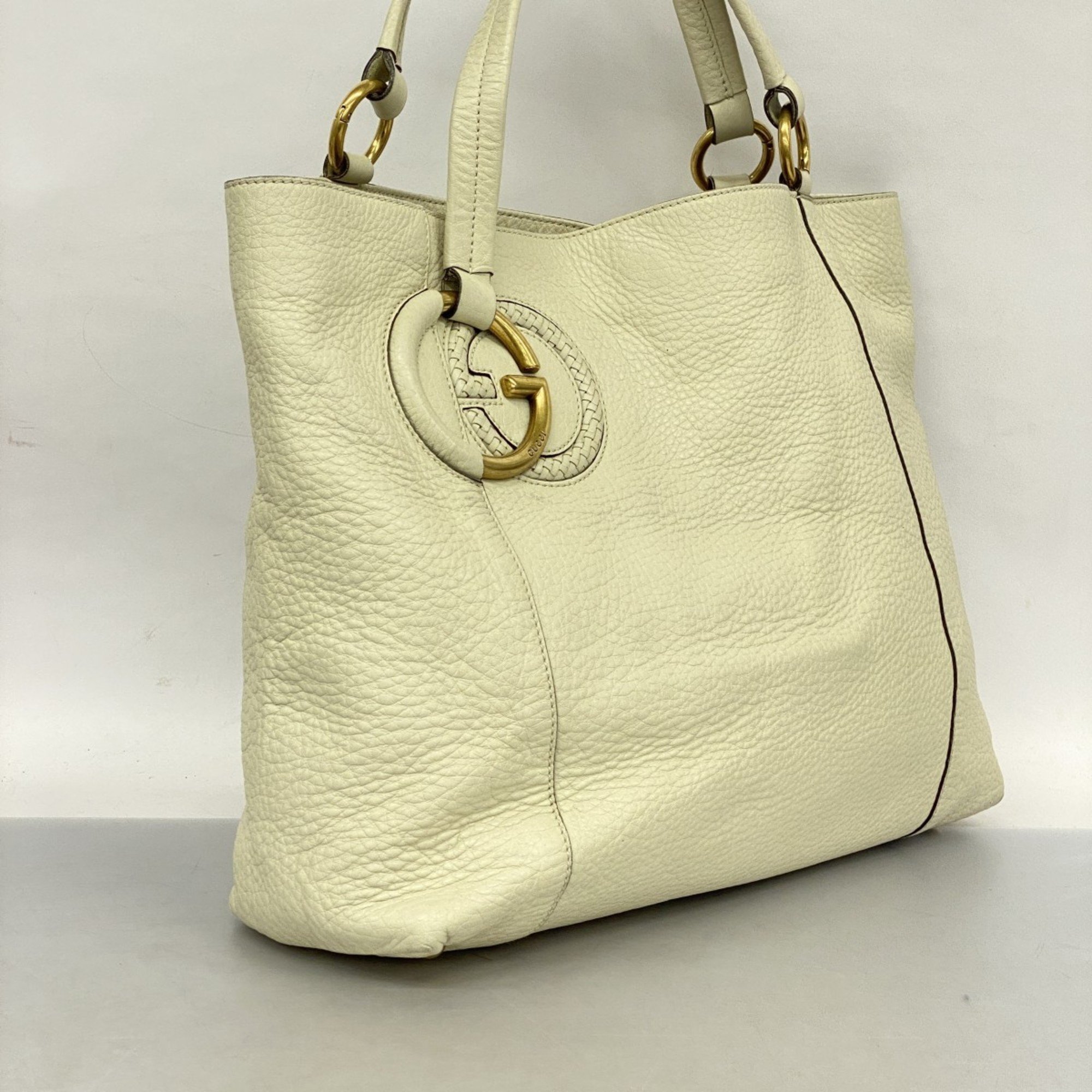 Gucci Tote Bag Interlocking G 309528 Leather White Women's