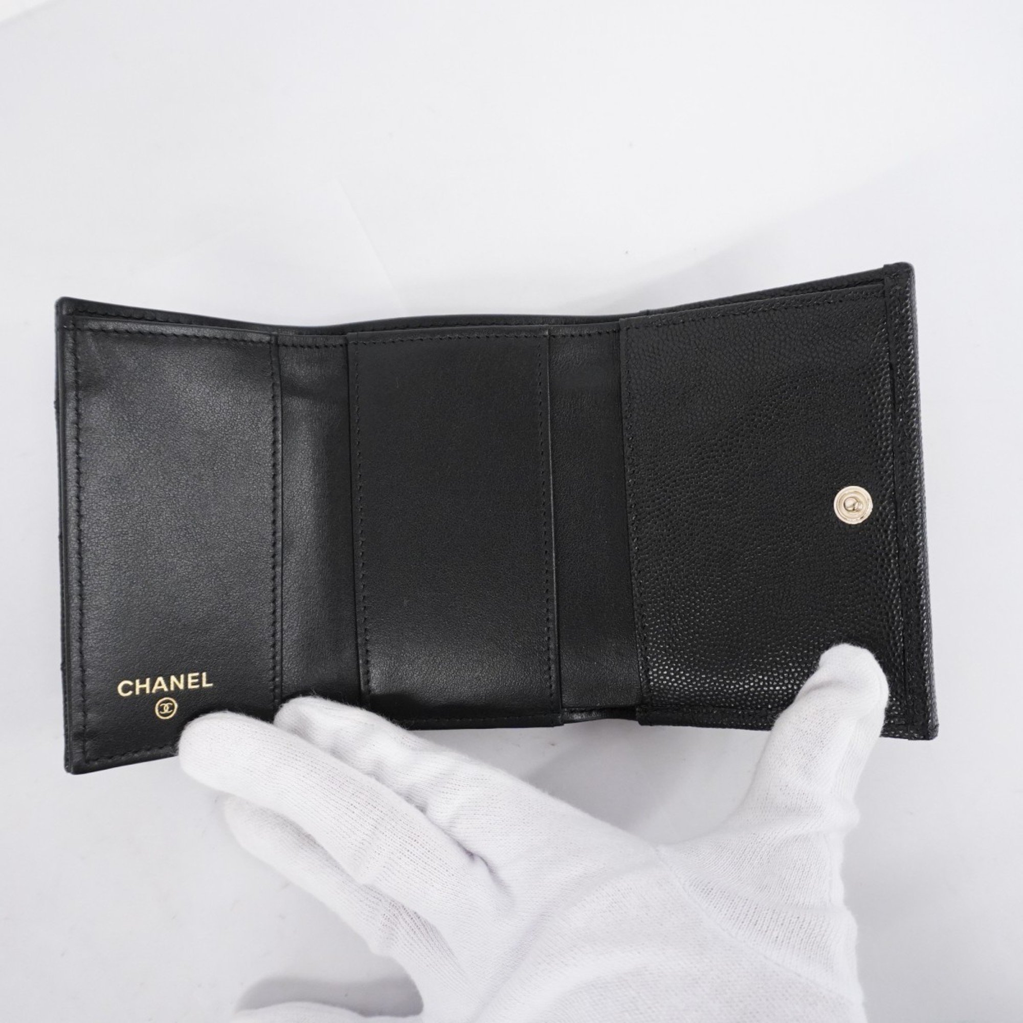 Chanel Tri-fold Wallet Matelasse Caviar Skin Black Champagne Ladies