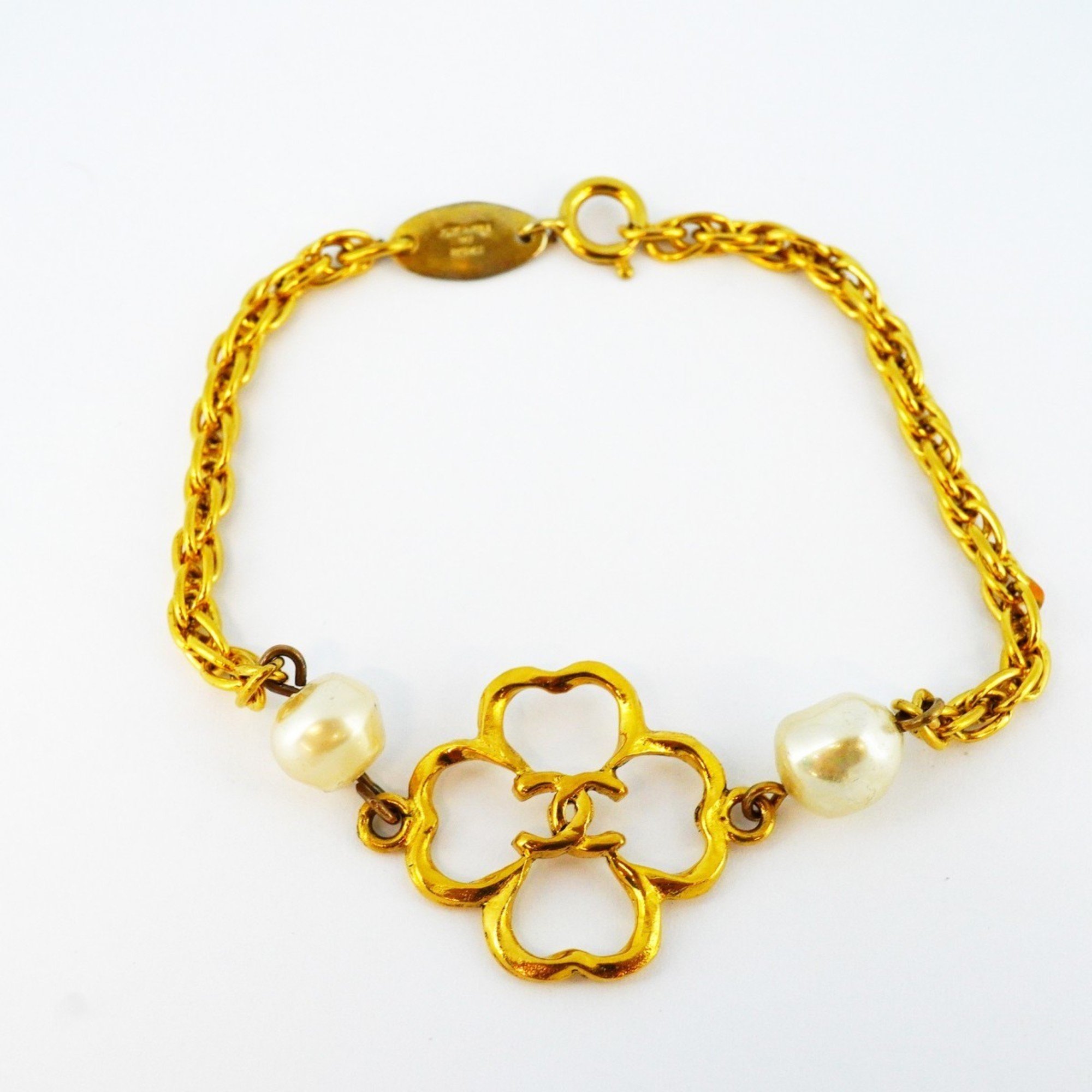 Chanel Bracelet Coco Mark Clover Fake Pearl GP Plated Gold Ladies