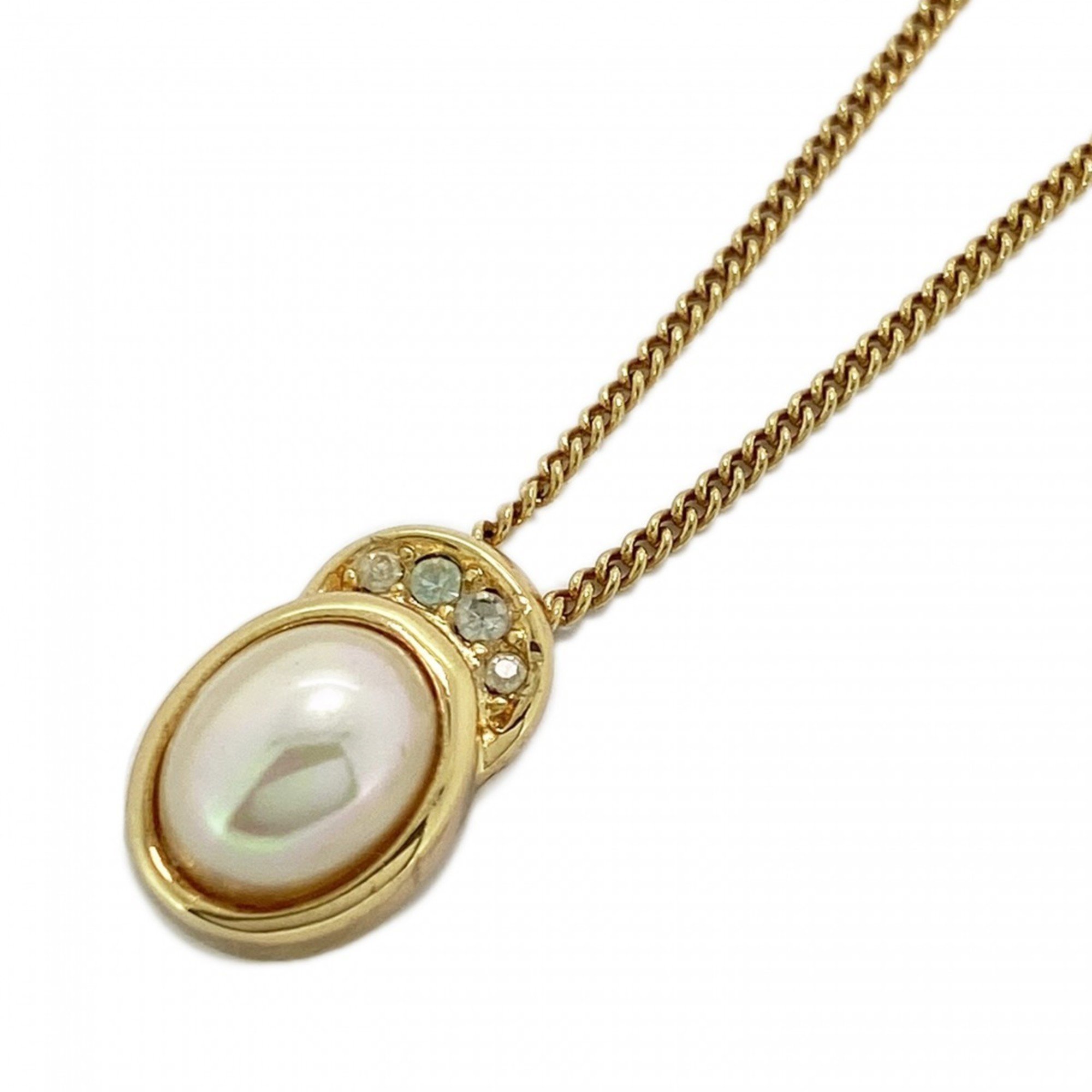 Christian Dior Necklace Oval Faux Pearl Rhinestone GP Plated Gold Women's