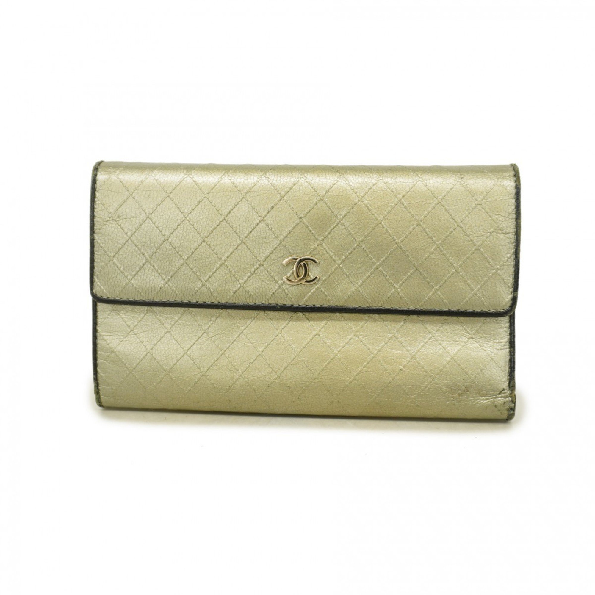 Chanel Tri-fold Long Wallet Bicolor Leather Grey Women's