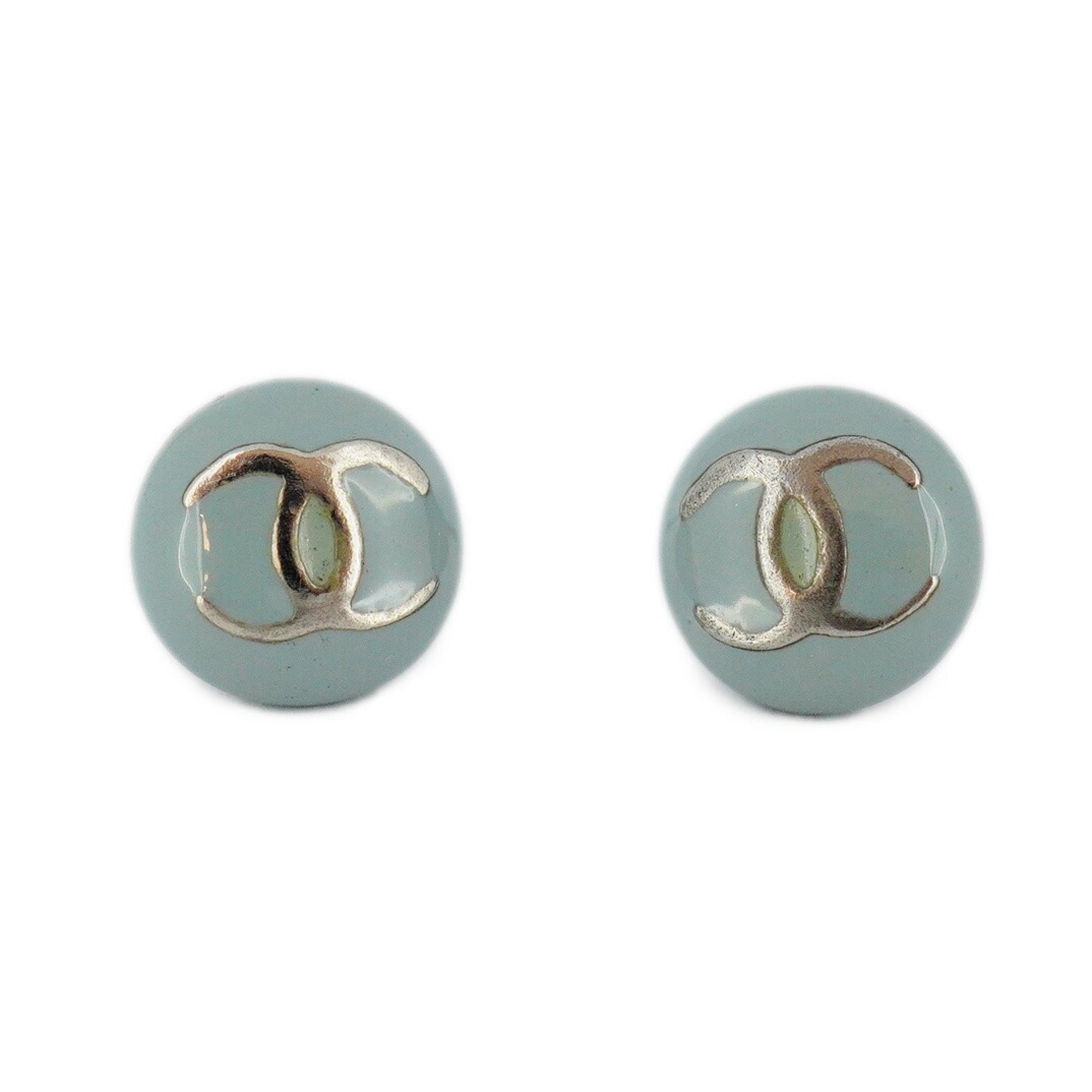 Chanel earrings Coco mark circle metal silver light blue ladies