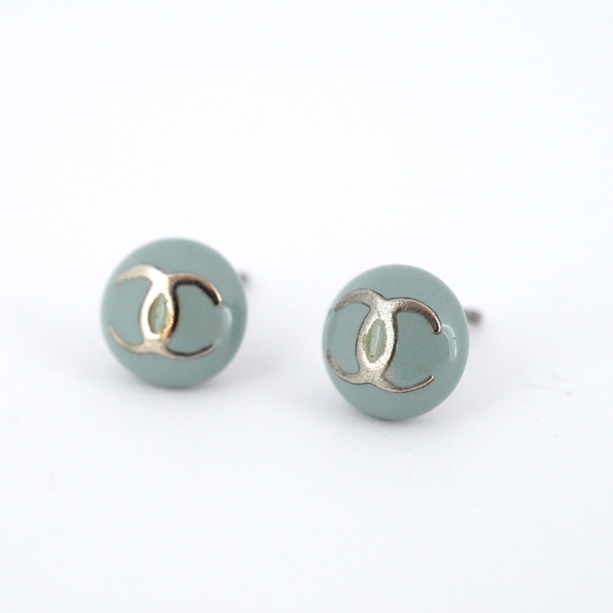 Chanel earrings Coco mark circle metal silver light blue ladies