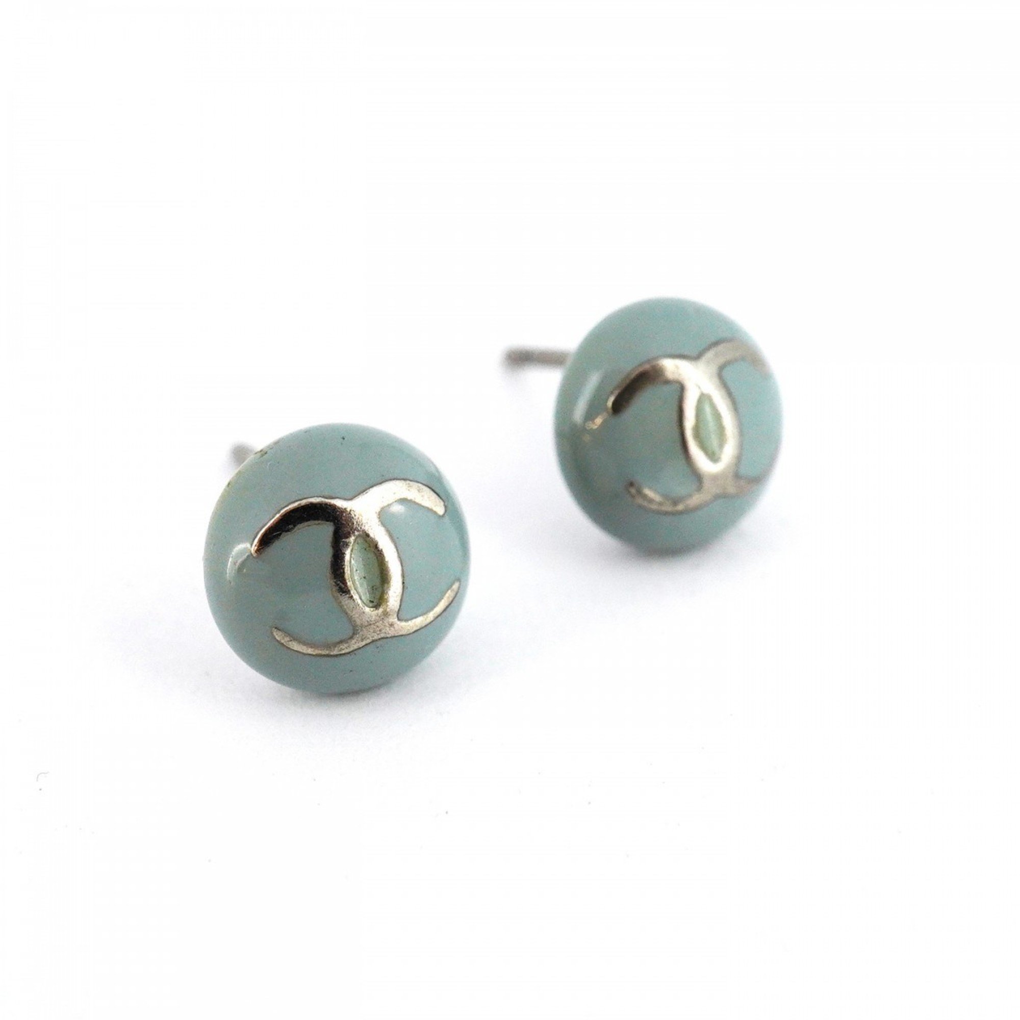 Chanel earrings Coco mark circle metal silver light blue ladies