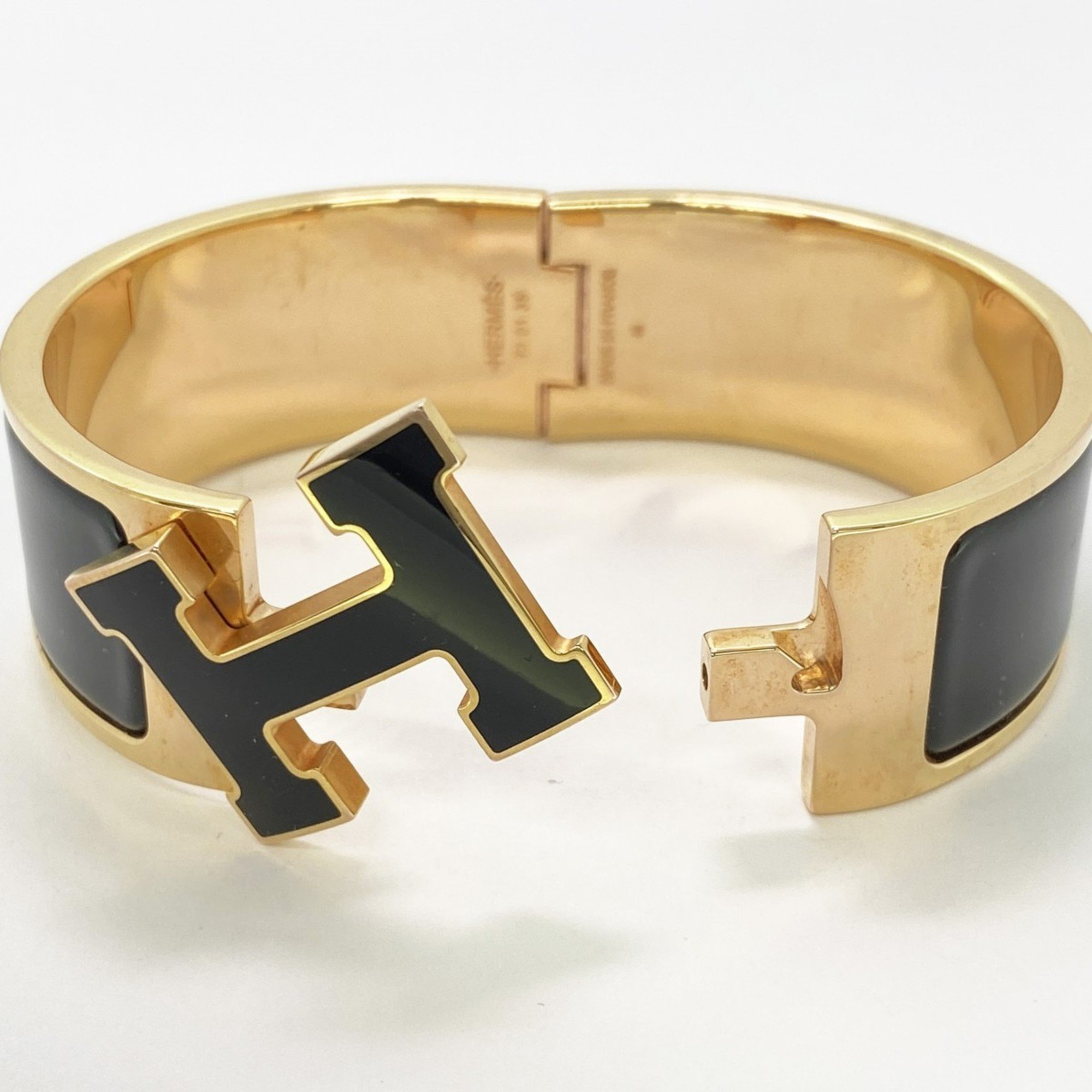 Hermes Bangle Click Clack GM GP Plated Gold Black Ladies