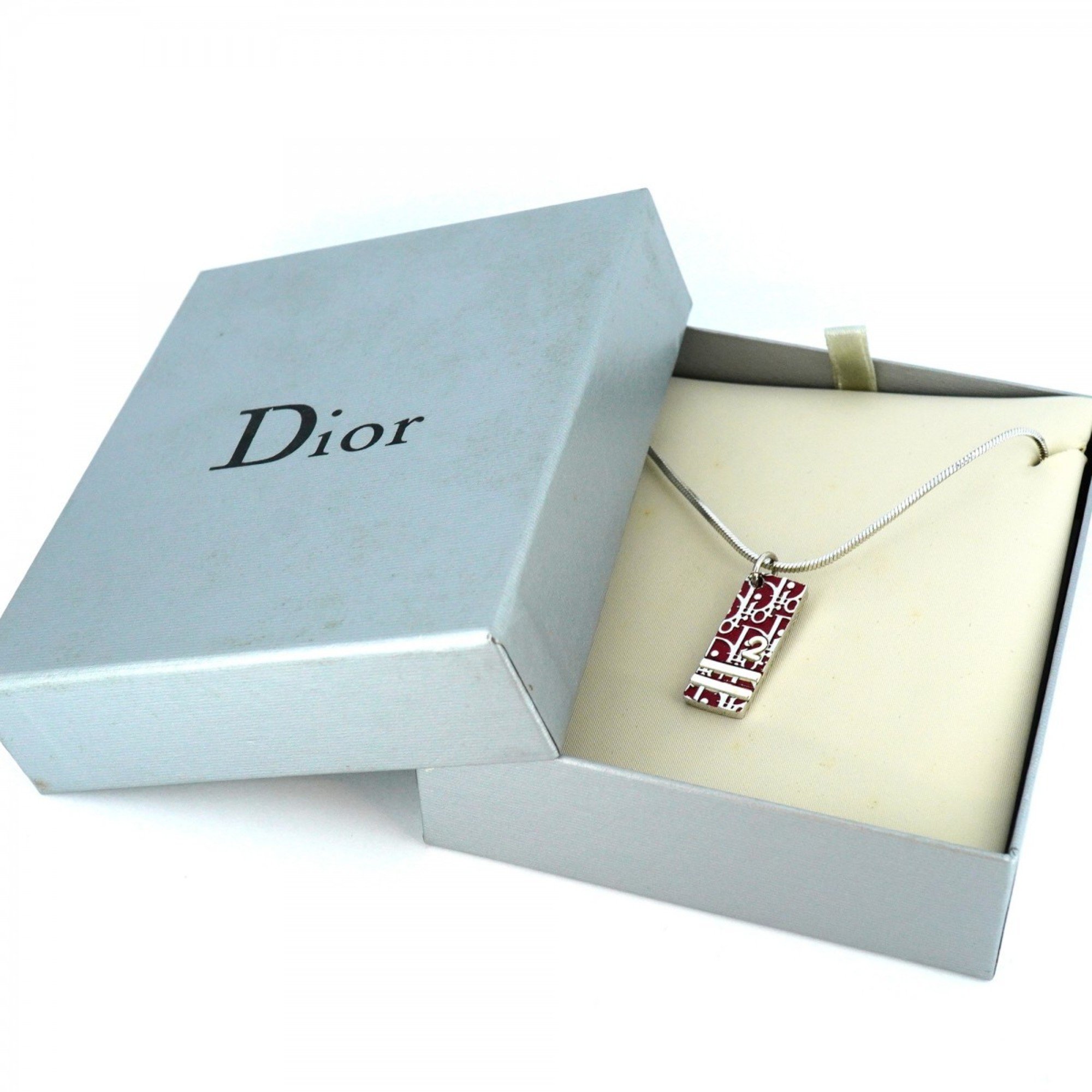 Christian Dior Necklace Trotter Plate Metal Silver Red Ladies