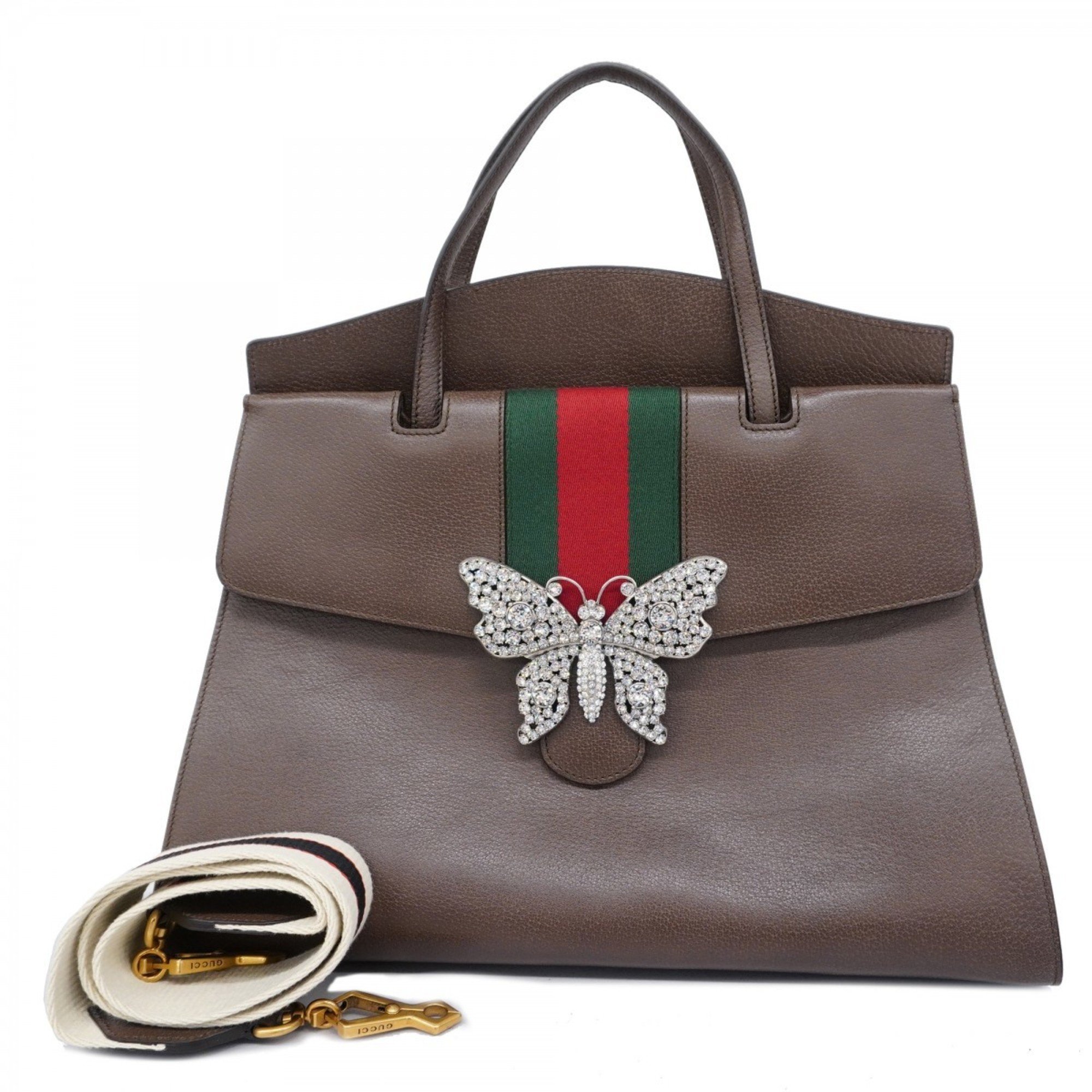 Gucci Handbag Sherry Line Butterfly Jewel 500772 Leather Brown Women's