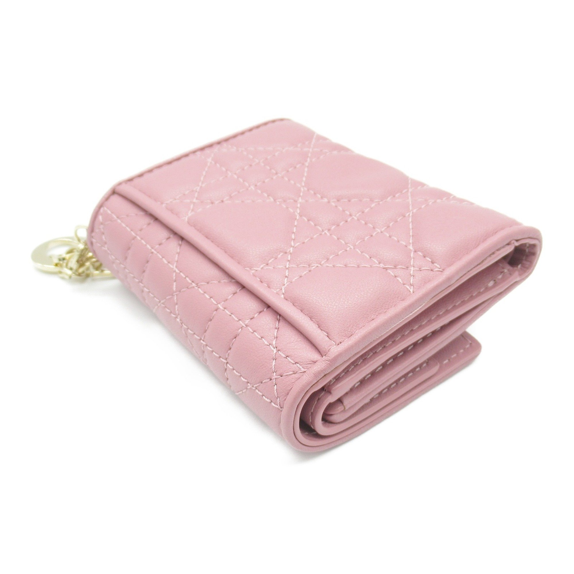 Christian Dior Dior Lady Cannage Tri-fold Wallet, Lambskin (Sheepskin), Women's, Pink, S0181ONMJ_M77P