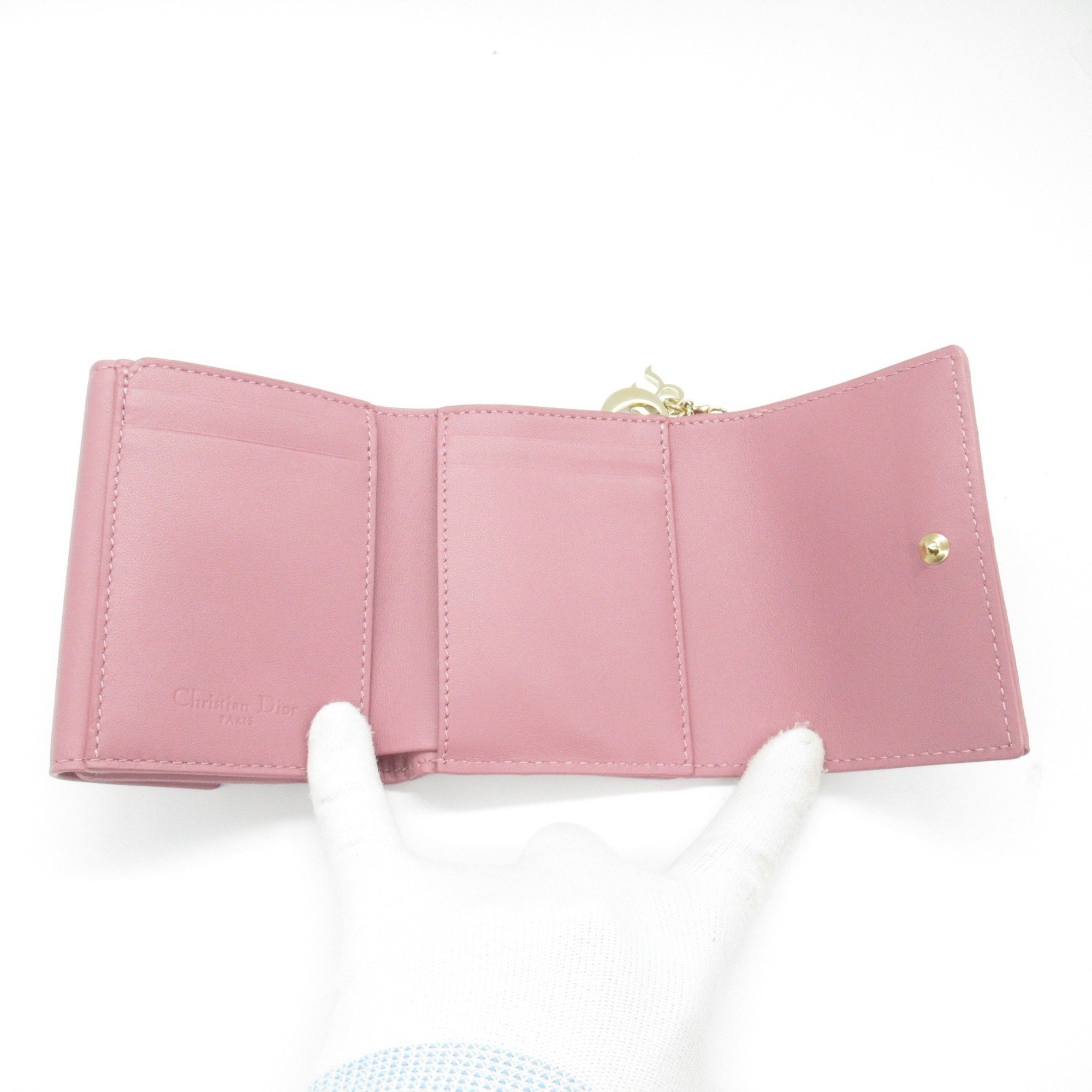 Christian Dior Dior Lady Cannage Tri-fold Wallet, Lambskin (Sheepskin), Women's, Pink, S0181ONMJ_M77P