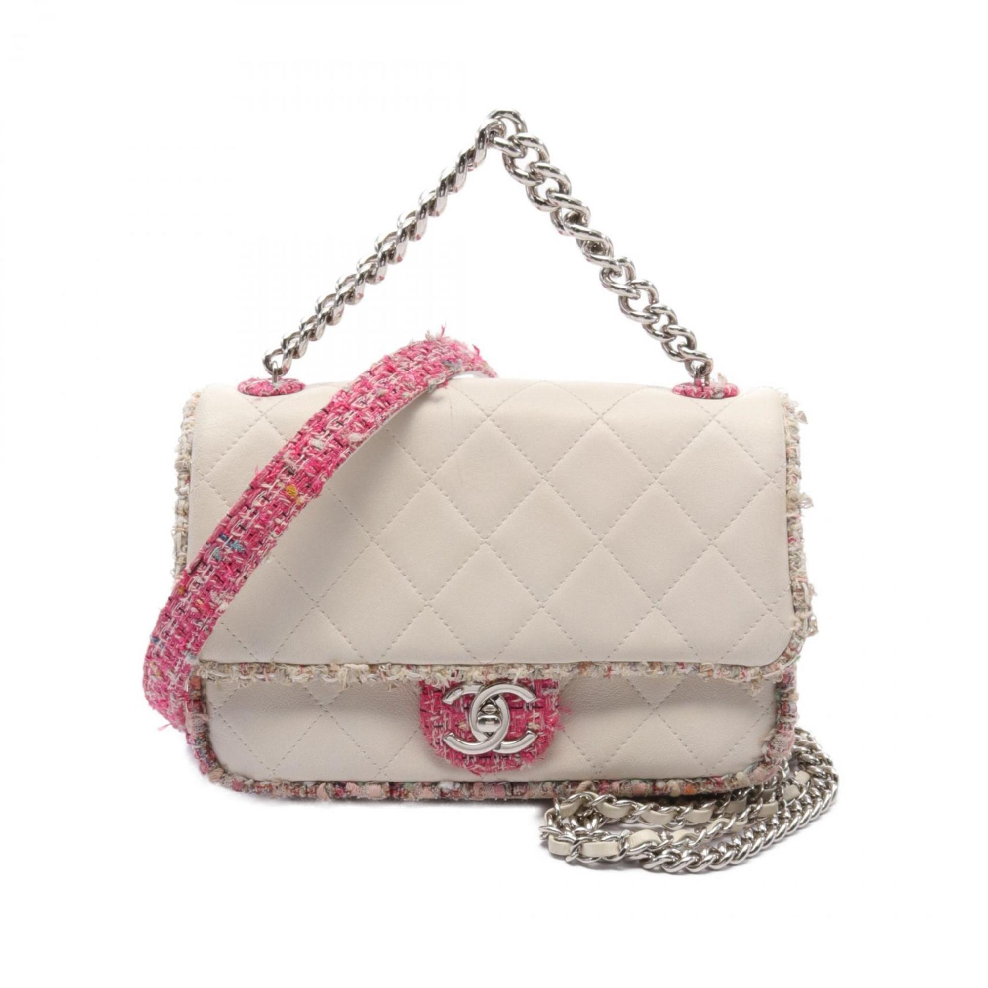 CHANEL Matelasse Shoulder Bag Leather Fabric Women's White Pink Multicolor