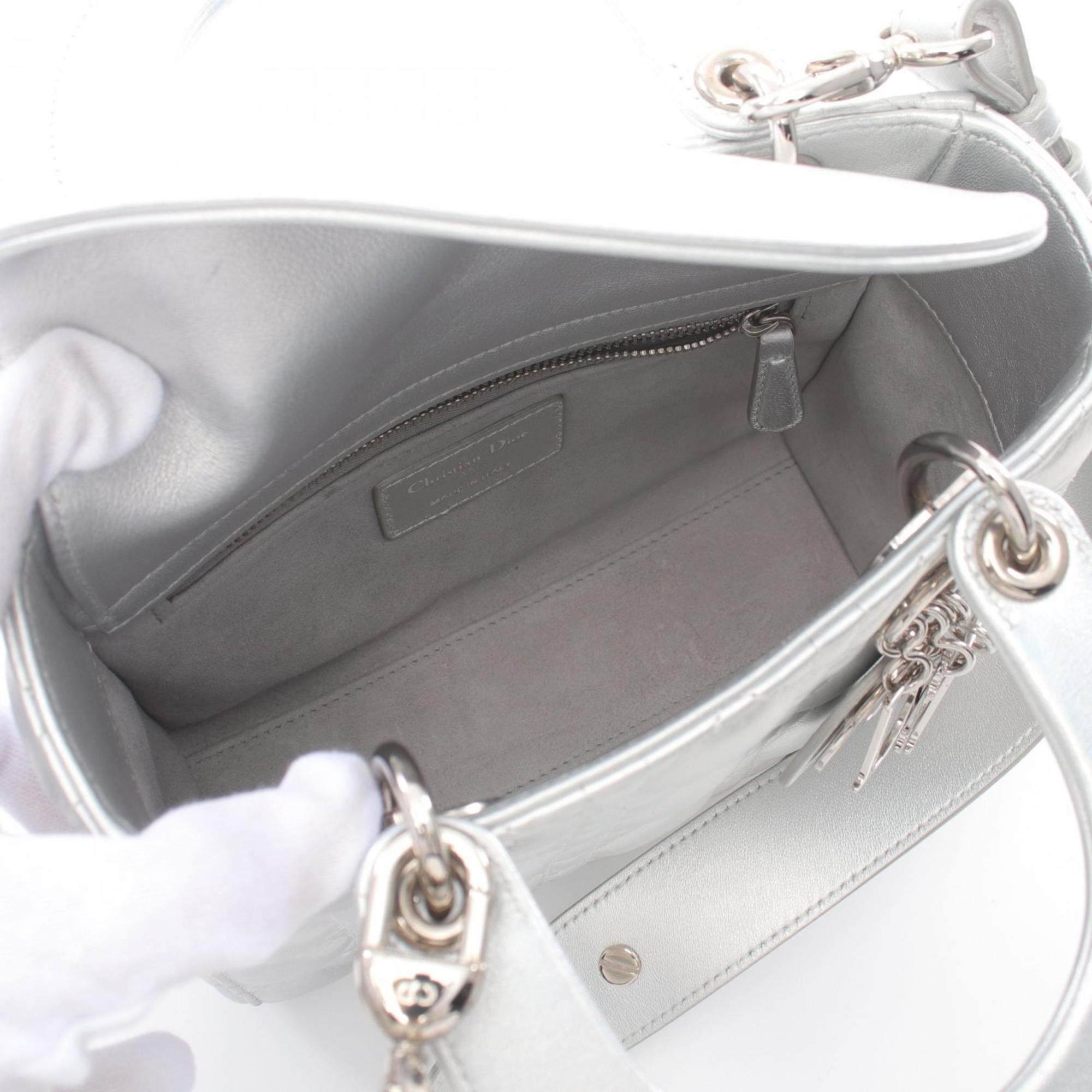 Christian Dior Dior Lady Cannage Handbag Bag Leather Women's Silver