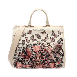 BVLGARI Serpenti Tote Bag Canvas Leather Women's Ivory Pink Multicolor