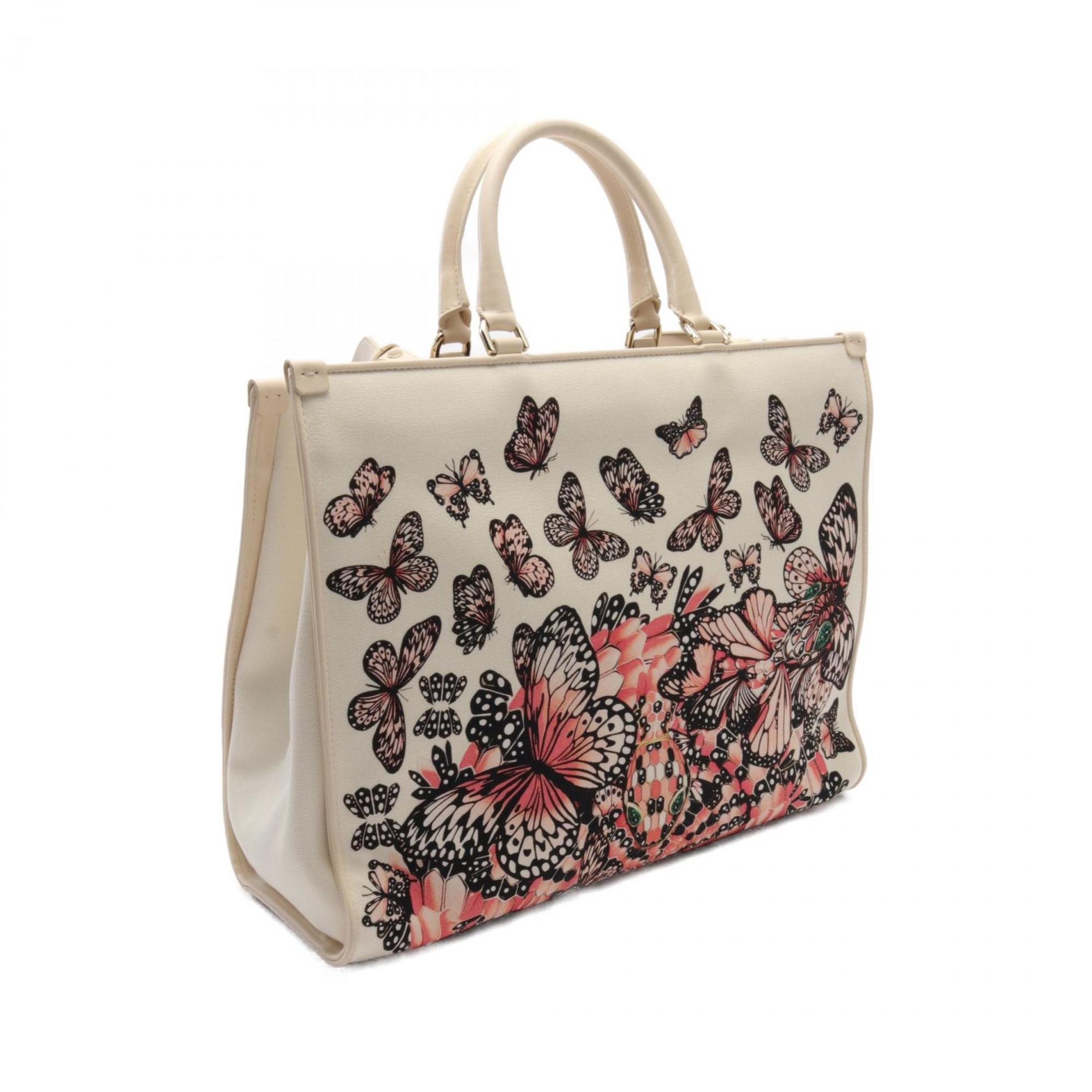 BVLGARI Serpenti Tote Bag Canvas Leather Women's Ivory Pink Multicolor