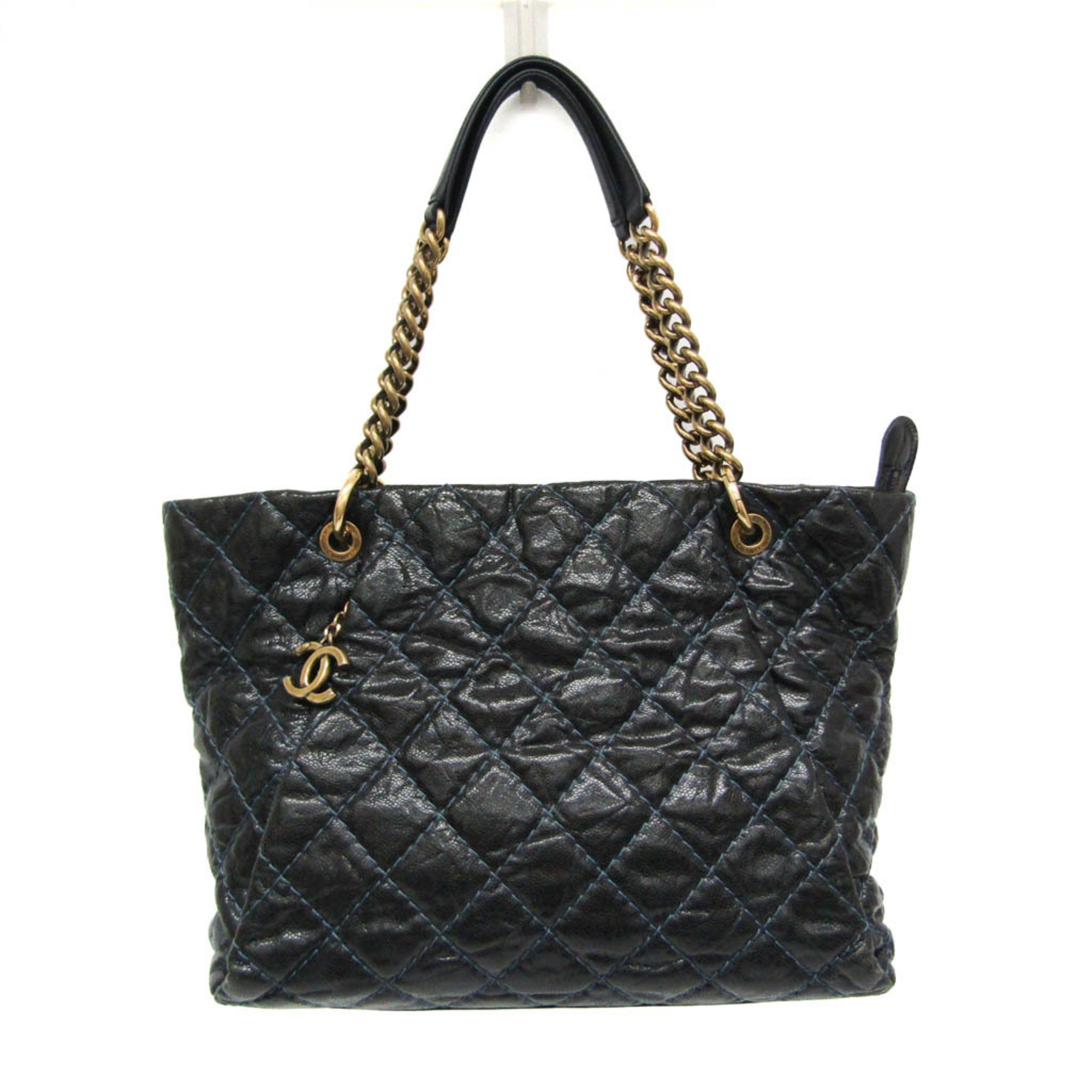 Chanel Matelasse Chain Women's Caviar Leather Tote Bag Black,Navy