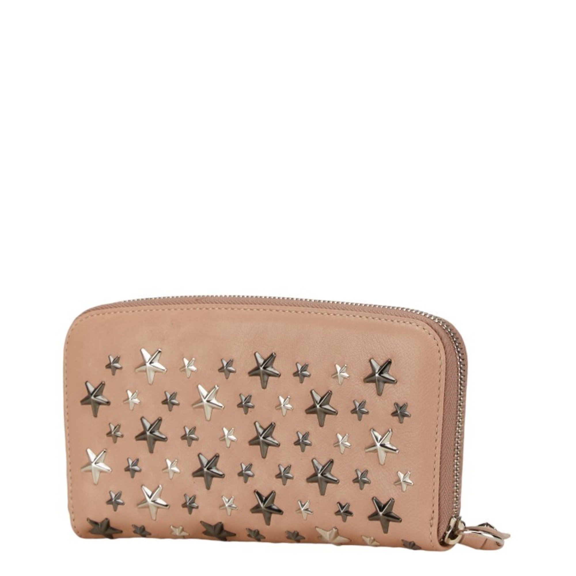 Jimmy Choo Star Studs Round Long Wallet Beige Leather Women's JIMMY CHOO