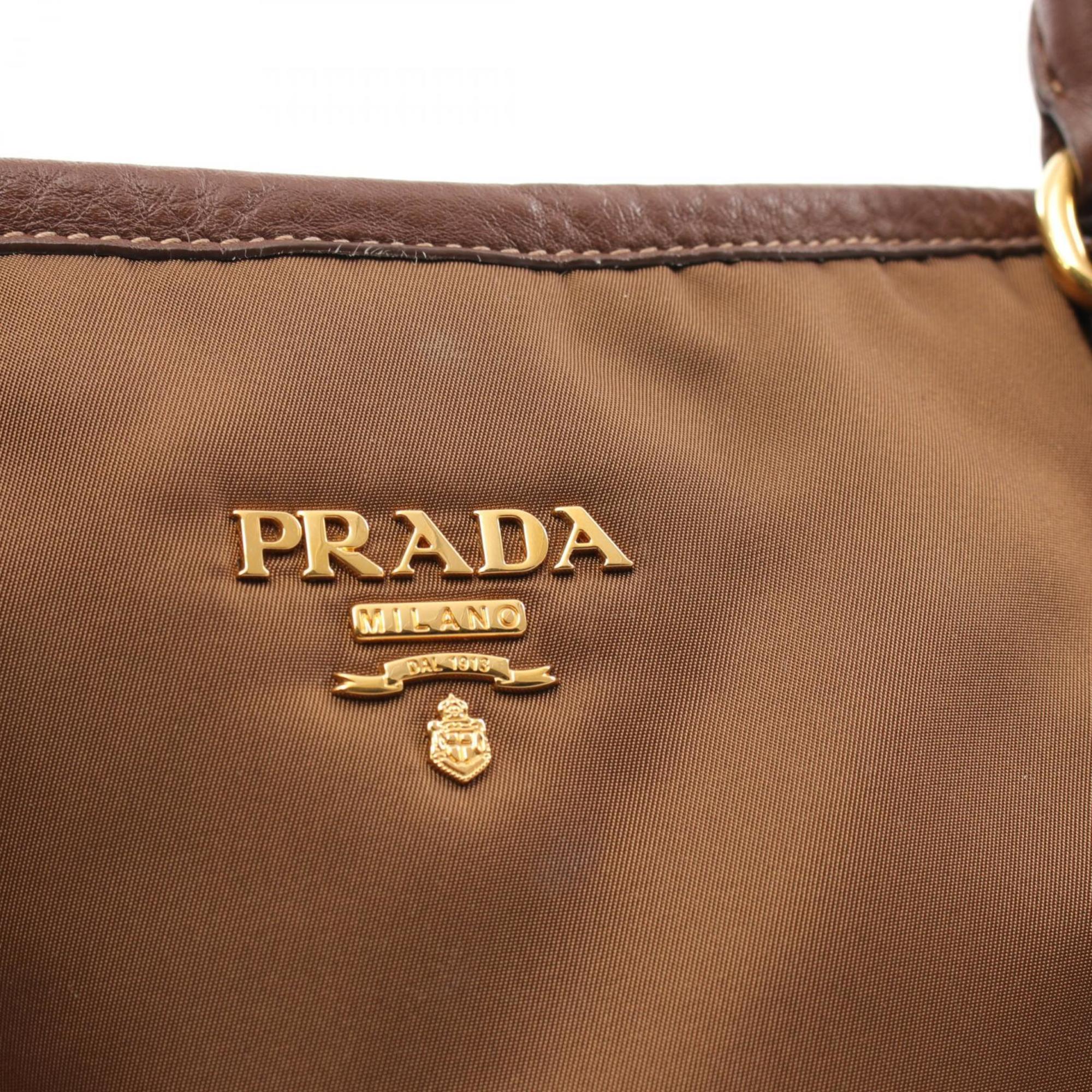 PRADA handbag, nylon, leather, women's, brown