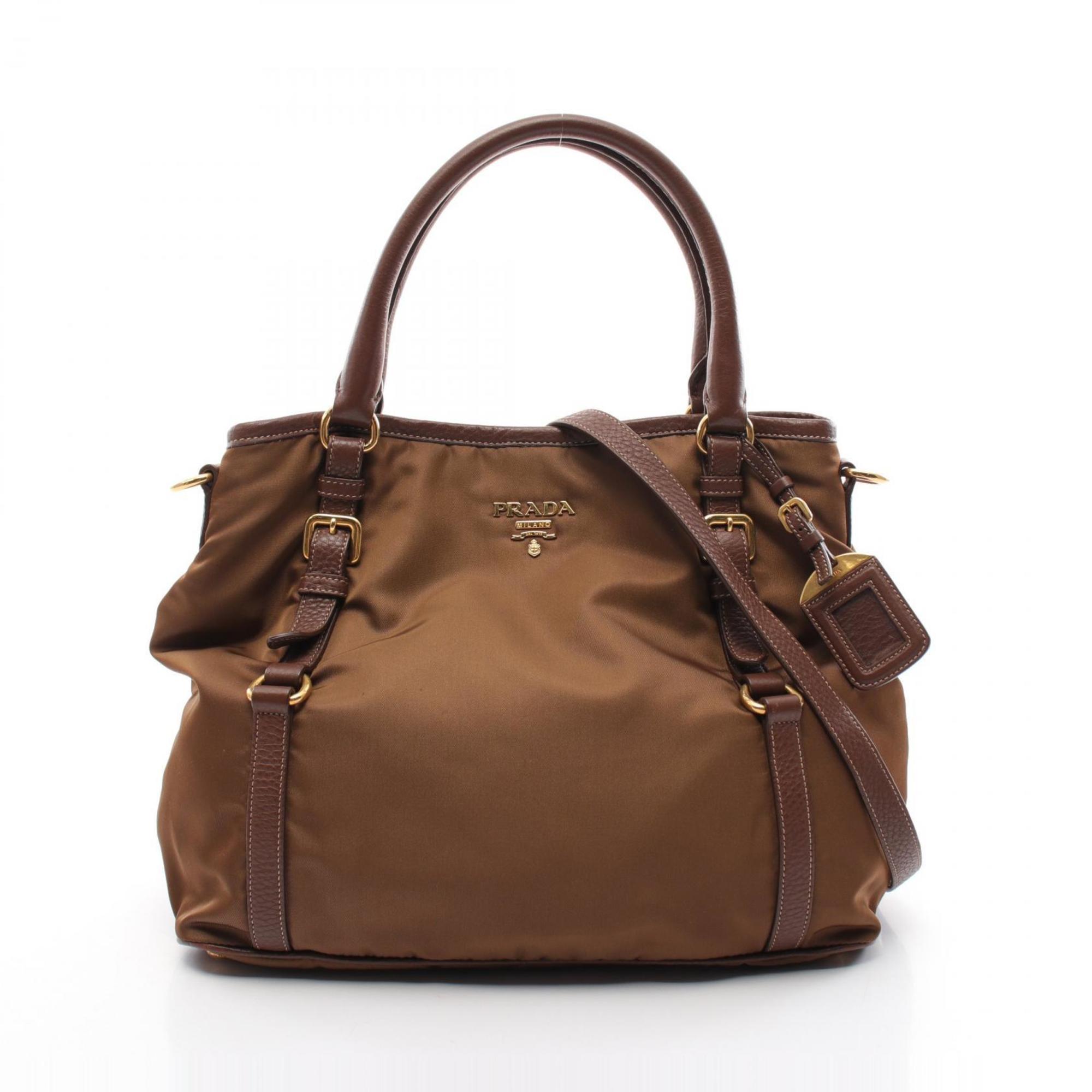 PRADA handbag, nylon, leather, women's, brown