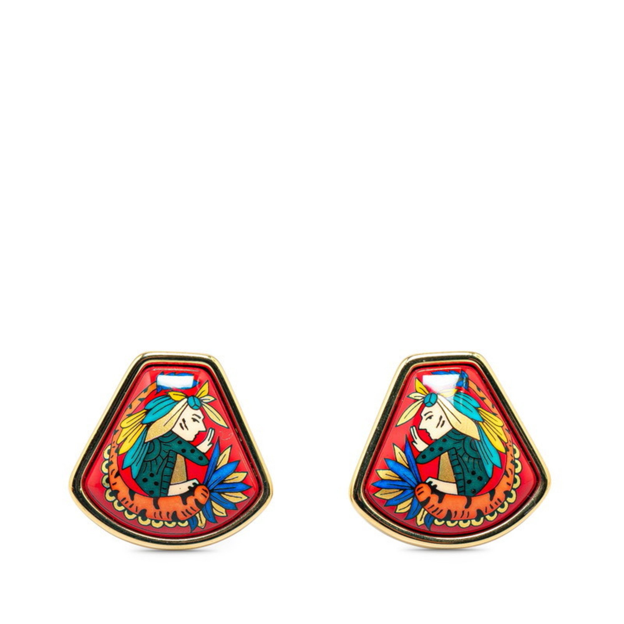 Hermes enamel cloisonné earrings red gold multi-color plated women's HERMES