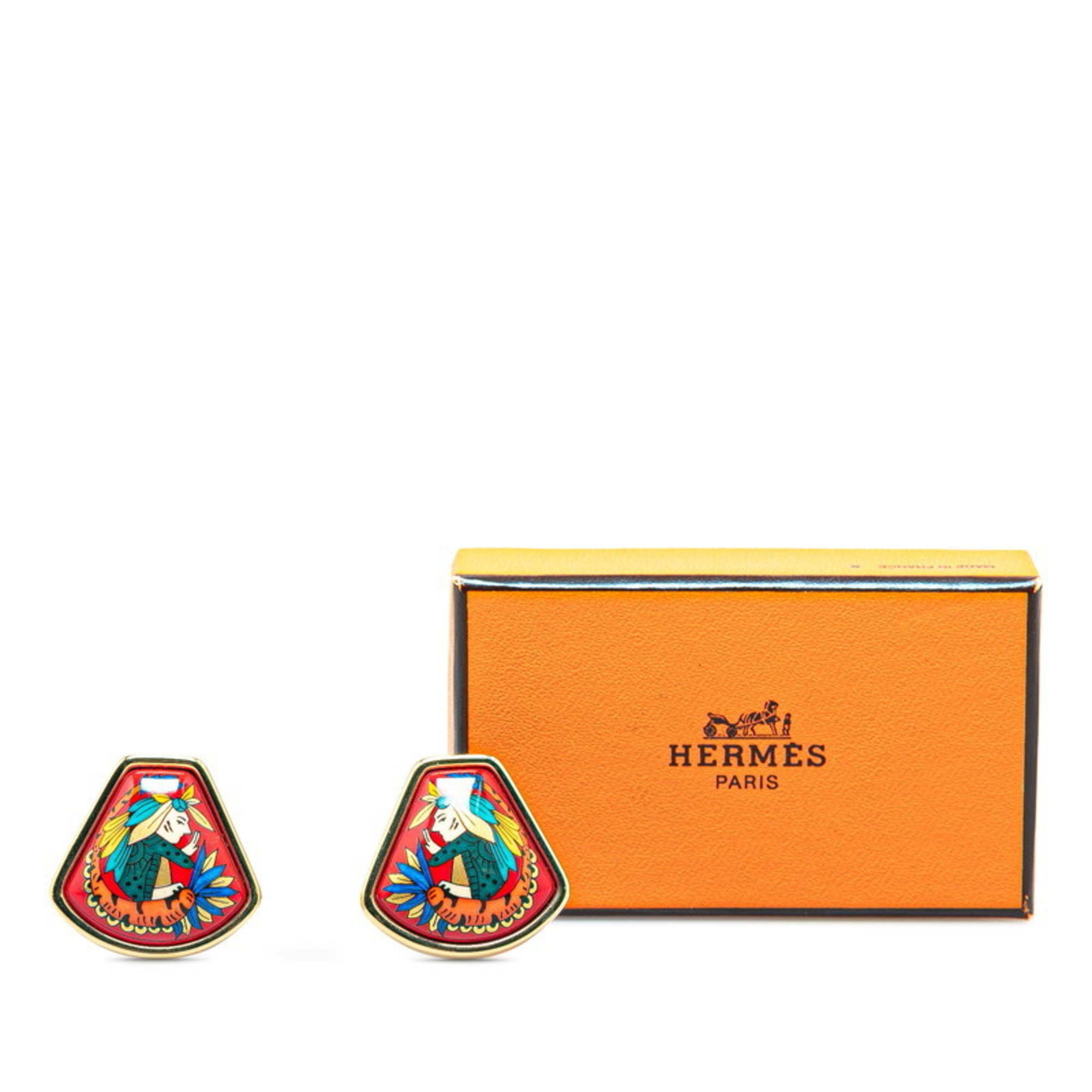 Hermes enamel cloisonné earrings red gold multi-color plated women's HERMES