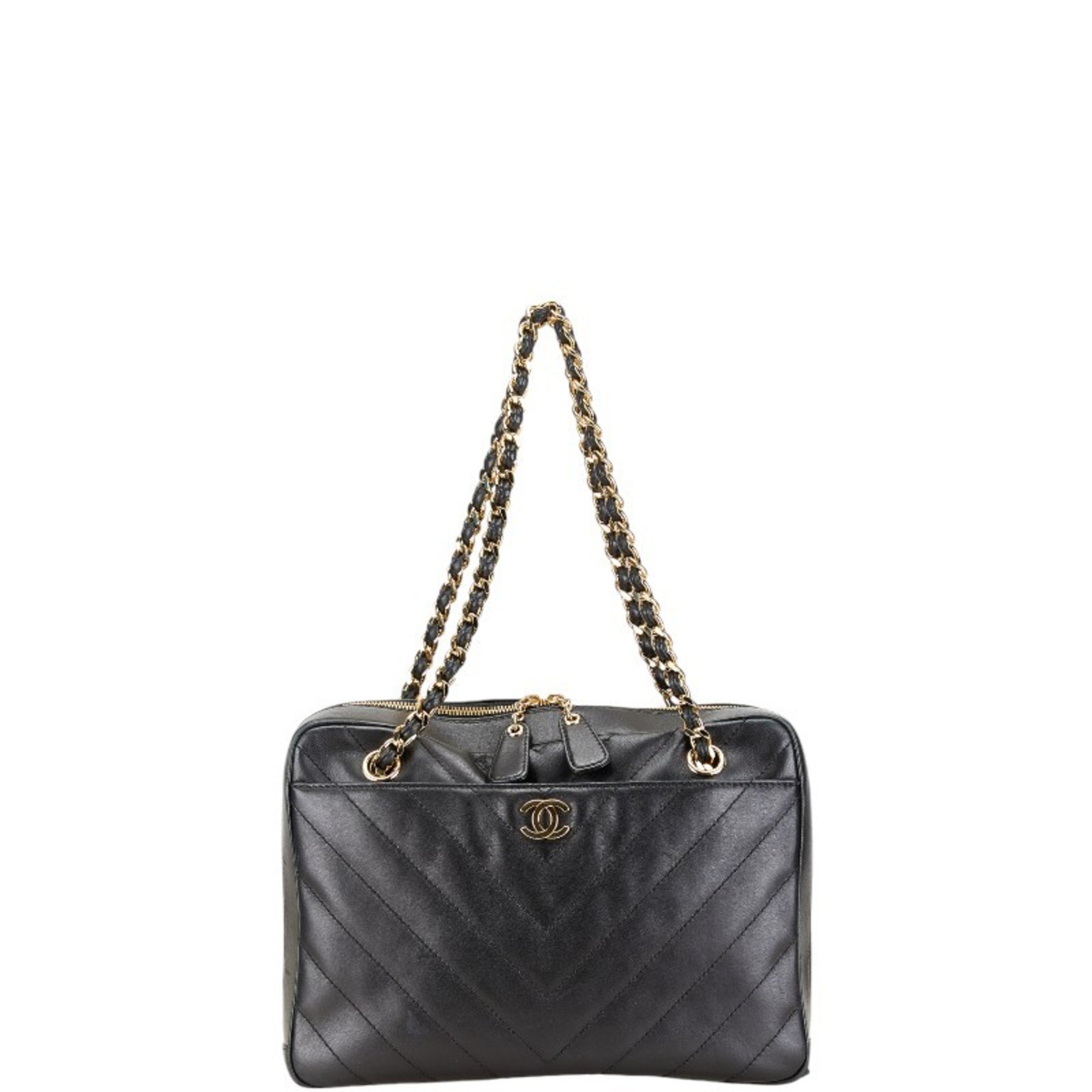 Chanel V-stitch Coco Mark Chain Shoulder Bag Black Lambskin Women's CHANEL