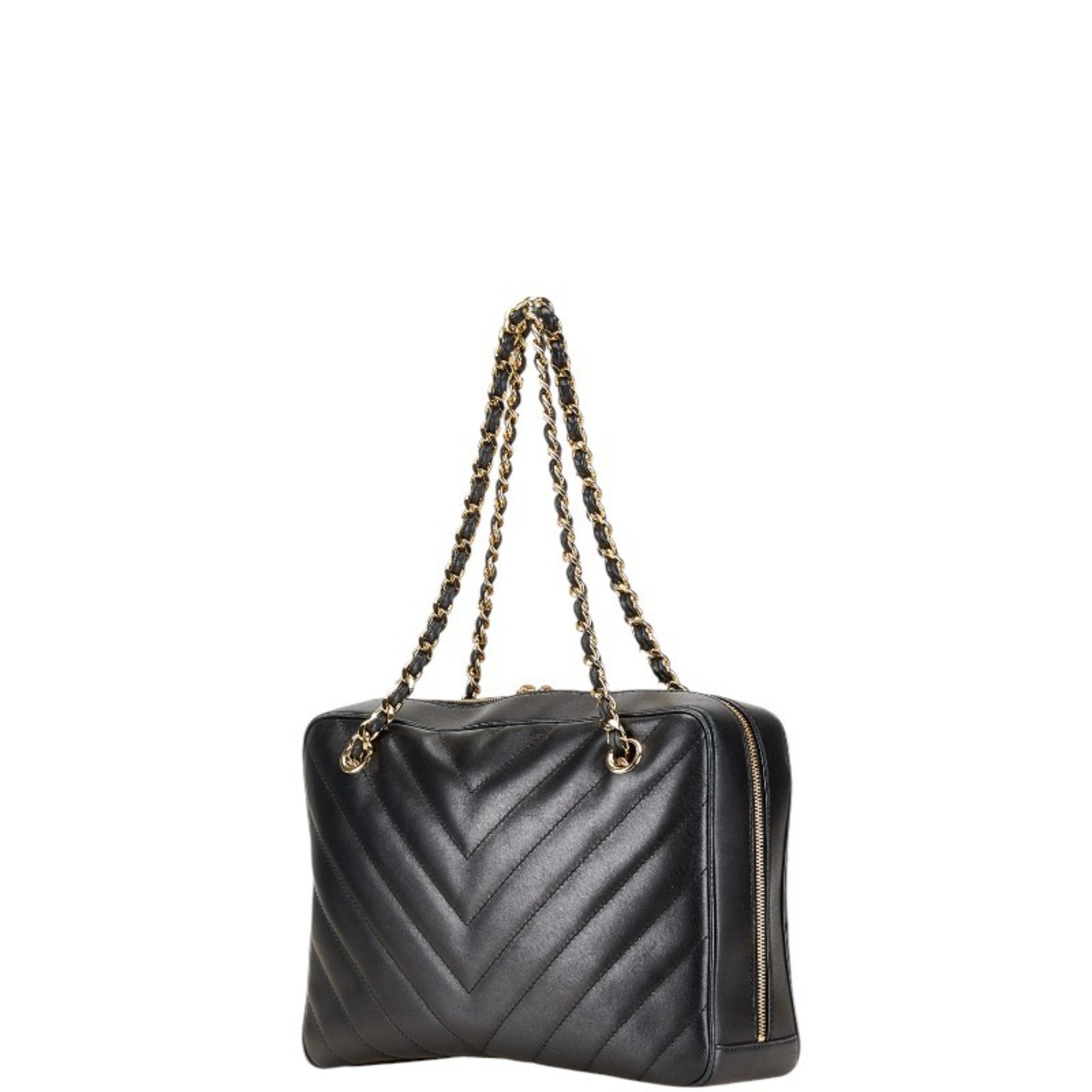 Chanel V-stitch Coco Mark Chain Shoulder Bag Black Lambskin Women's CHANEL