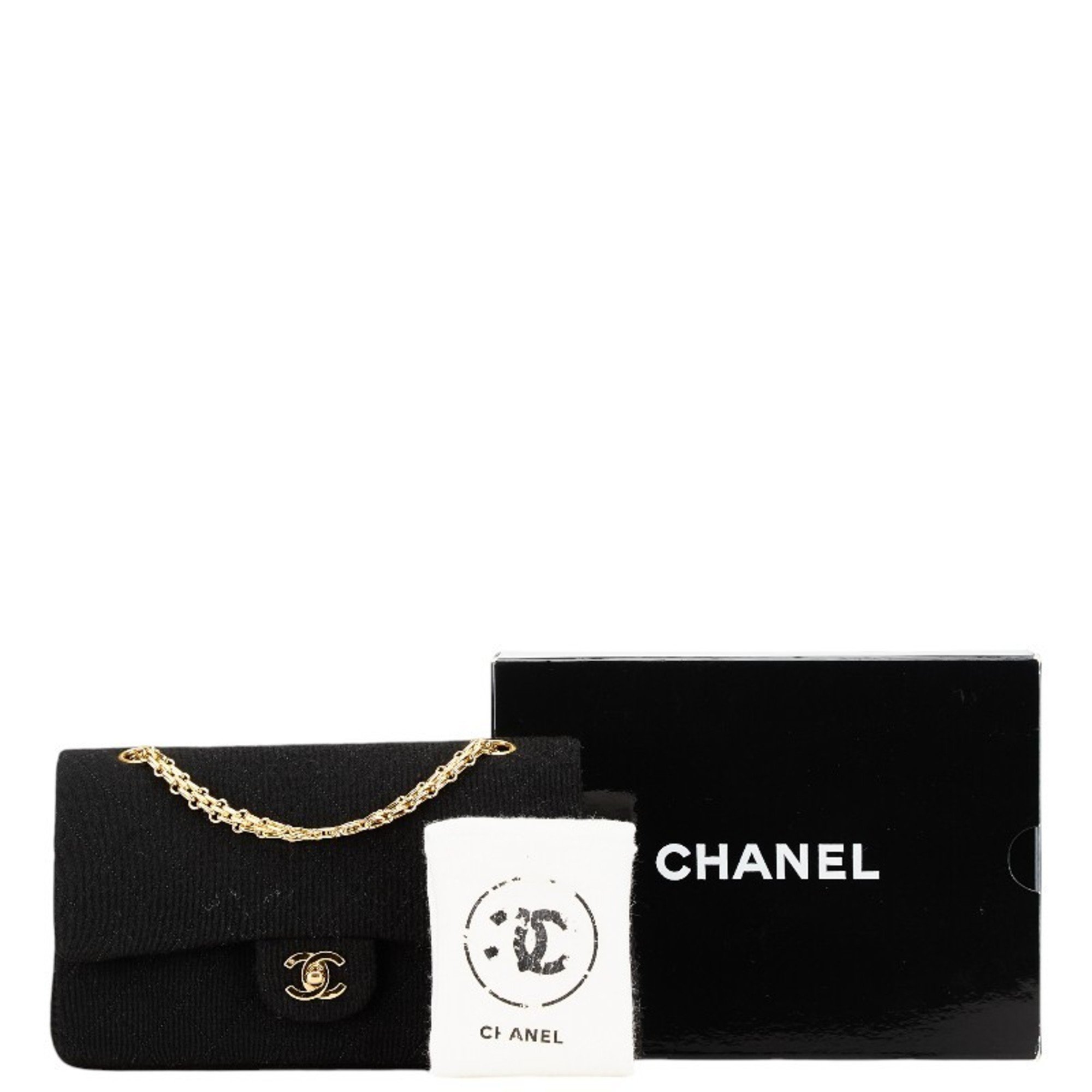 Chanel Matelasse Double Flap Coco Mark Chain Shoulder Bag Black Cotton Jersey Women's CHANEL