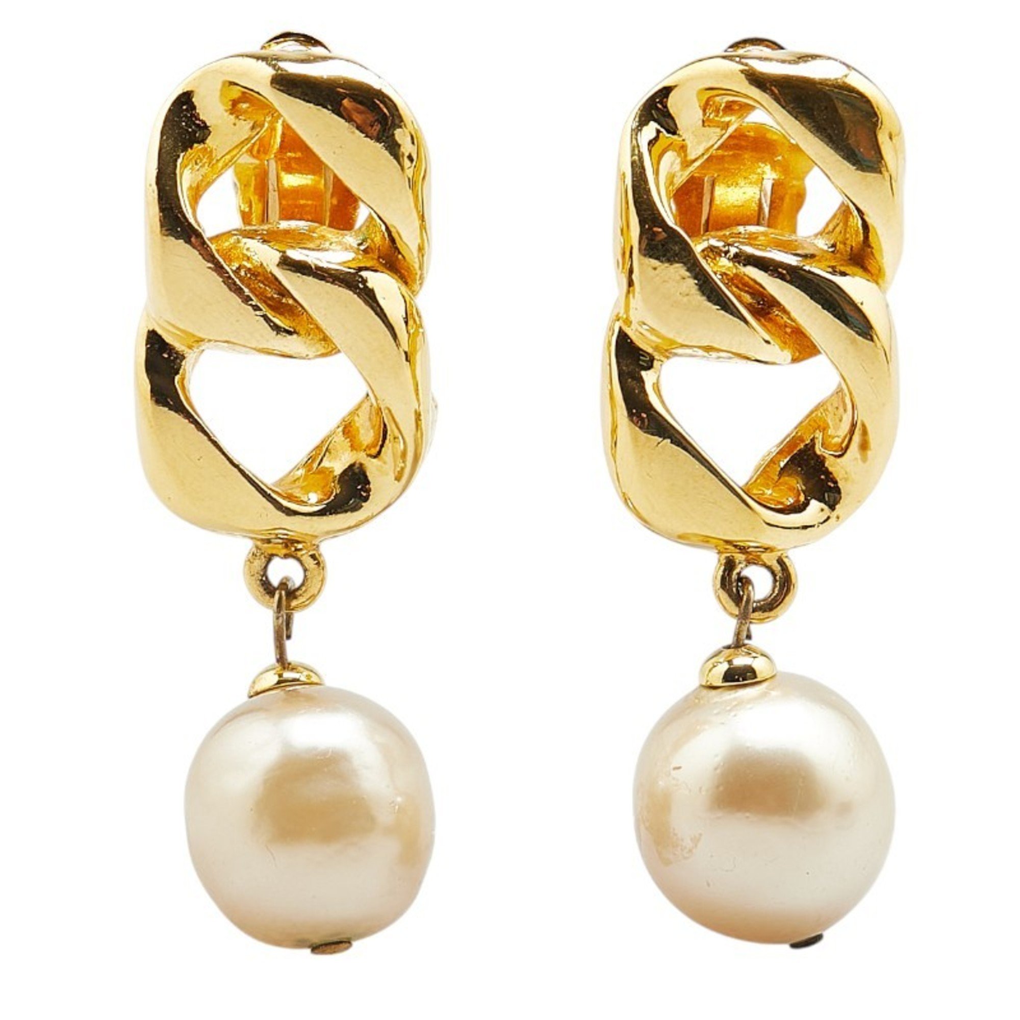 Chanel Coco Mark Faux Pearl Chain Earrings Gold Plated Women's CHANEL