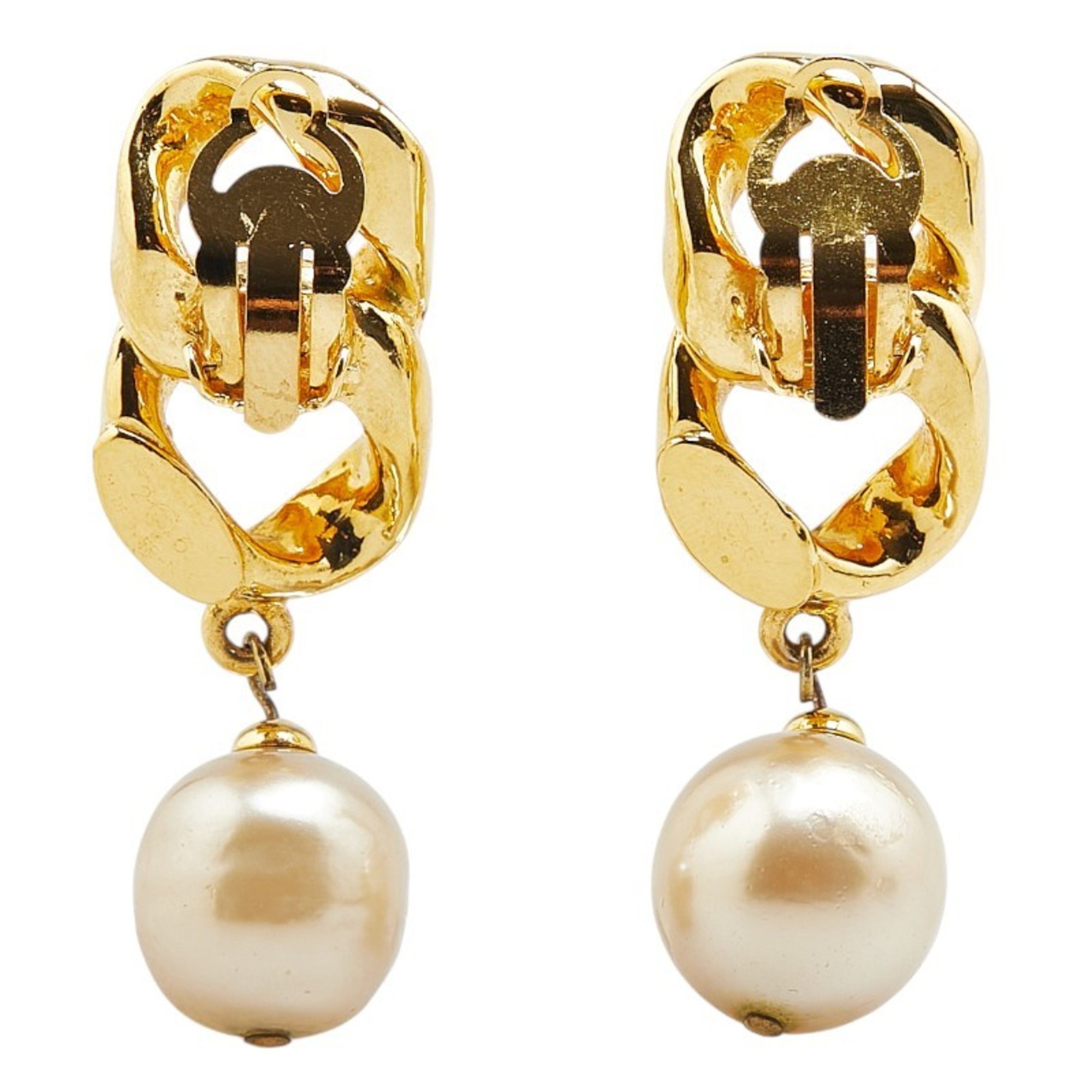 Chanel Coco Mark Faux Pearl Chain Earrings Gold Plated Women's CHANEL