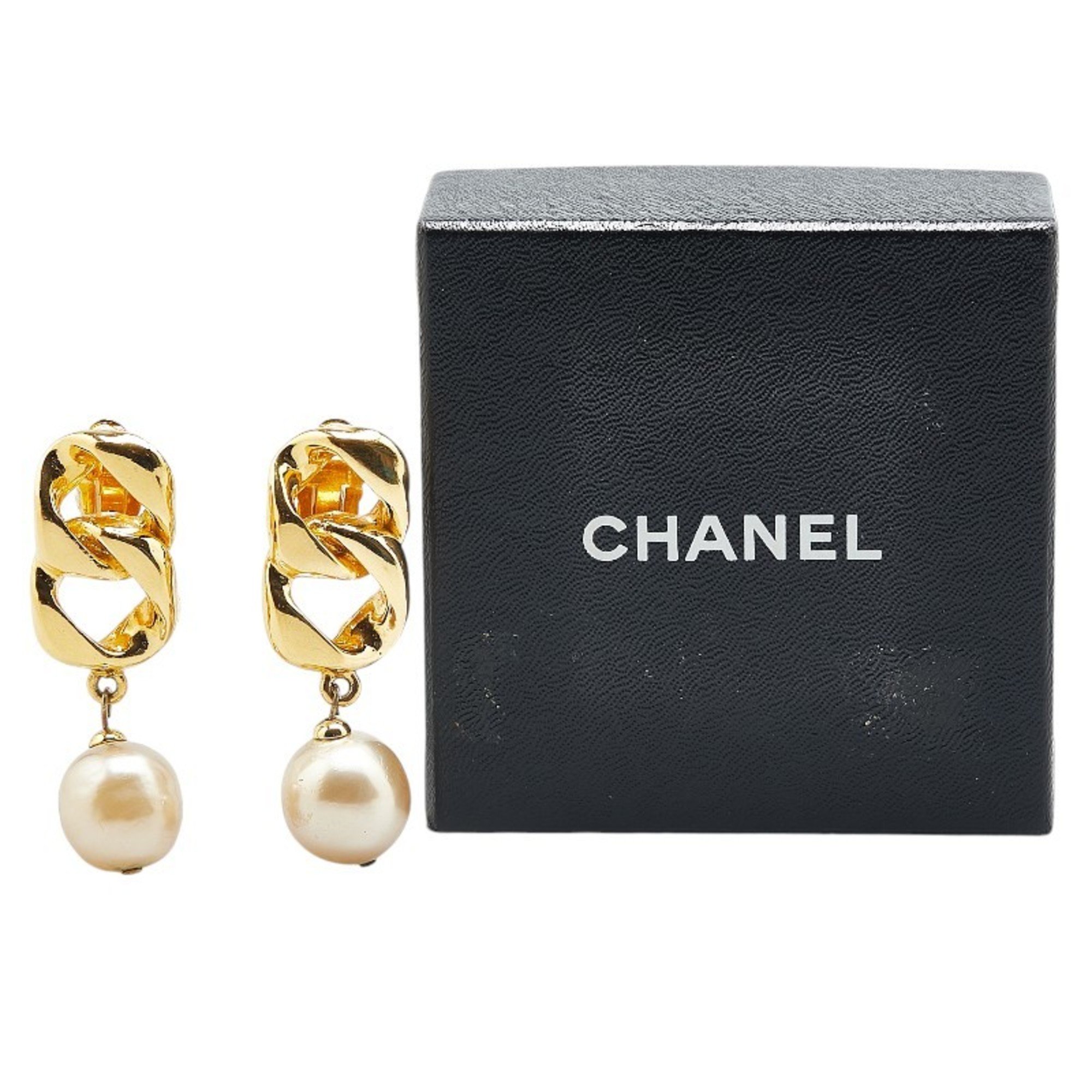 Chanel Coco Mark Faux Pearl Chain Earrings Gold Plated Women's CHANEL