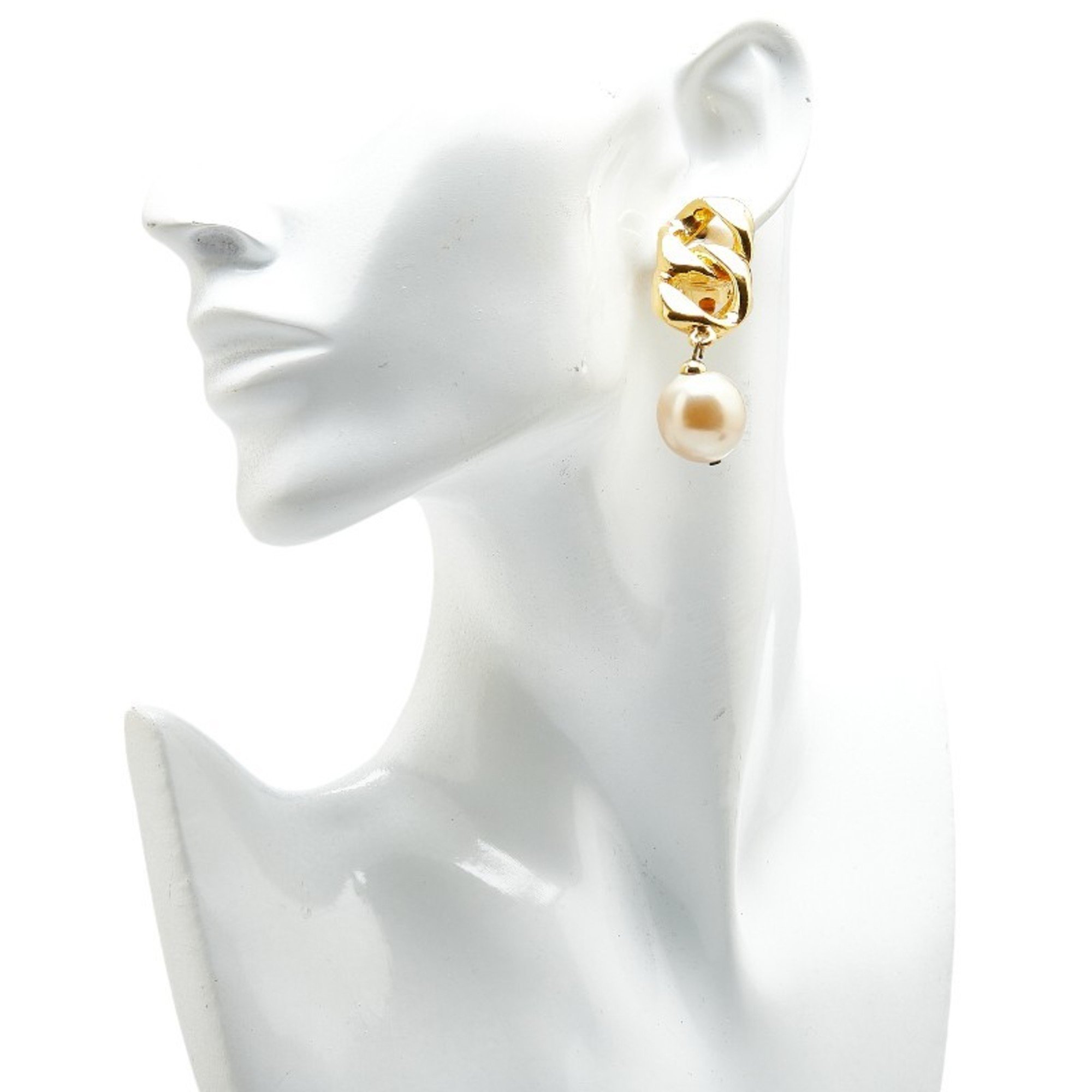 Chanel Coco Mark Faux Pearl Chain Earrings Gold Plated Women's CHANEL