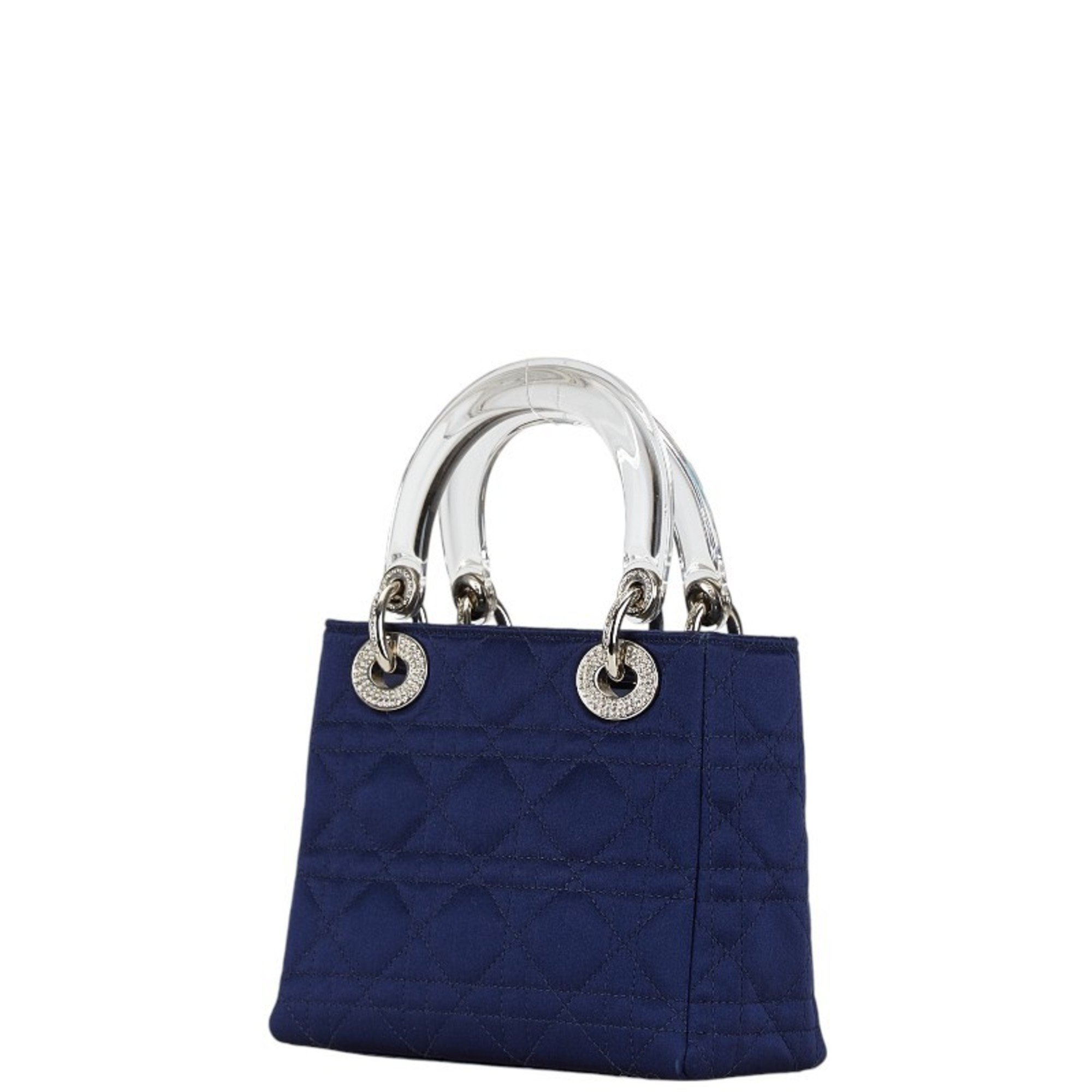 Christian Dior Dior Lady Rhinestone Handbag Navy Satin Plastic Women's