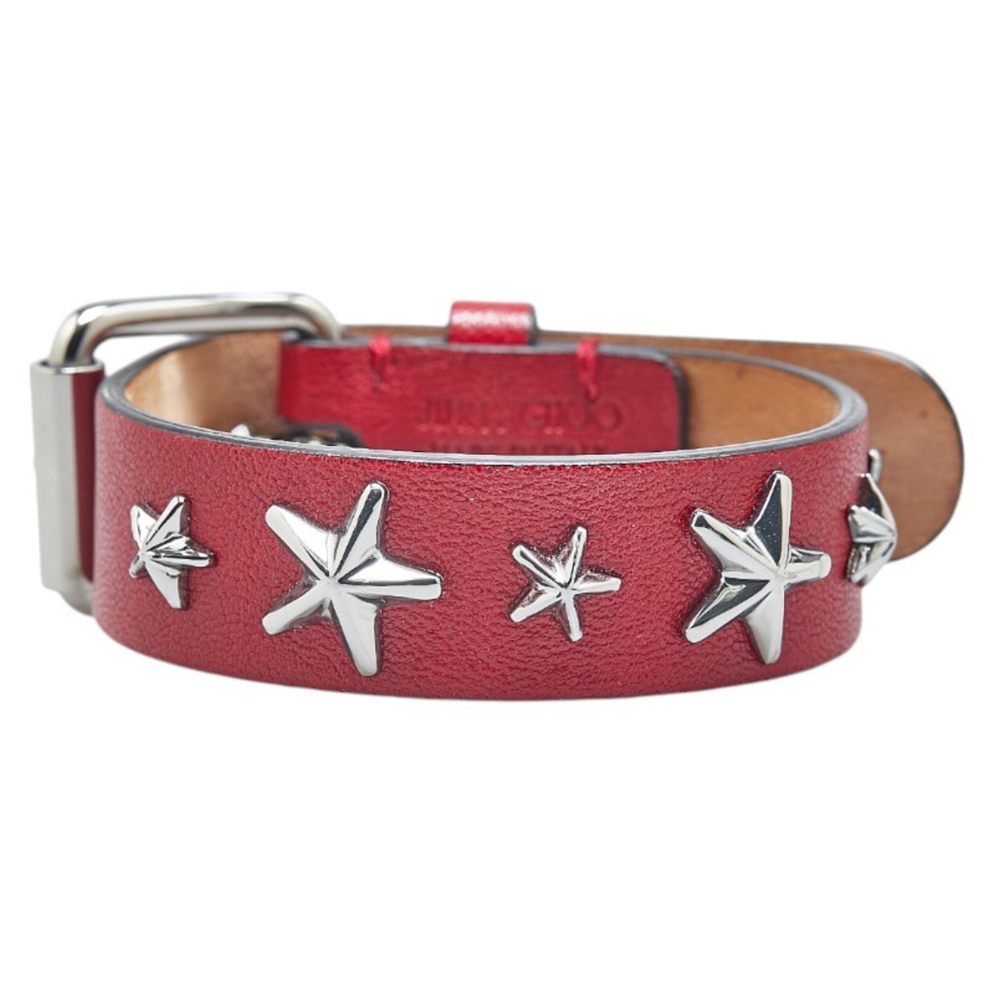 Jimmy Choo Star Studs Bracelet Wine Red Silver Leather Metal Women's JIMMY CHOO