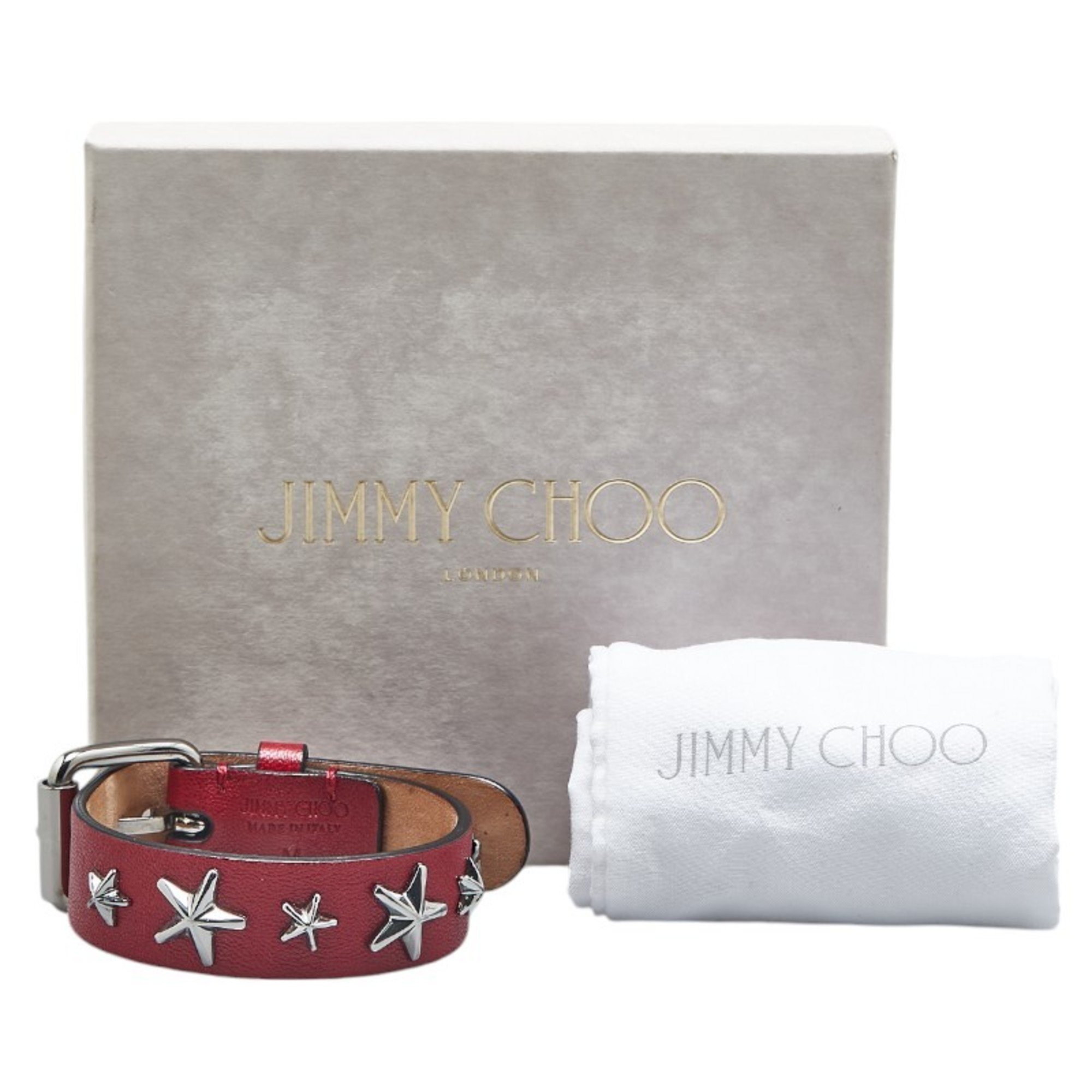 Jimmy Choo Star Studs Bracelet Wine Red Silver Leather Metal Women's JIMMY CHOO