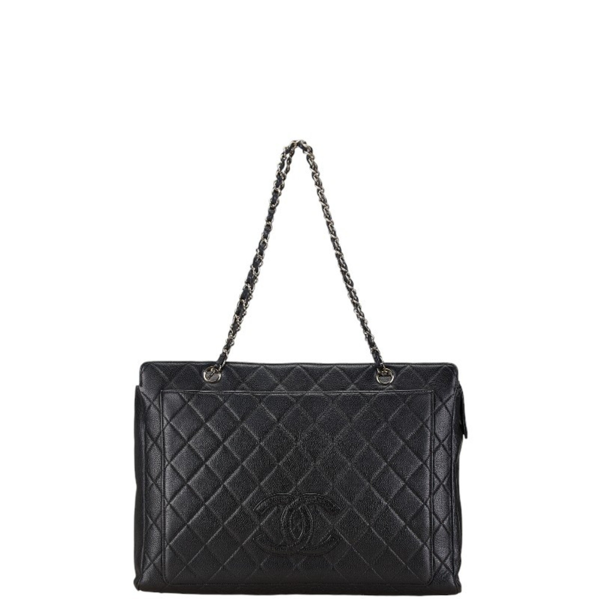 Chanel Coco Mark Chain Tote Bag Black Silver Caviar Skin Women's CHANEL