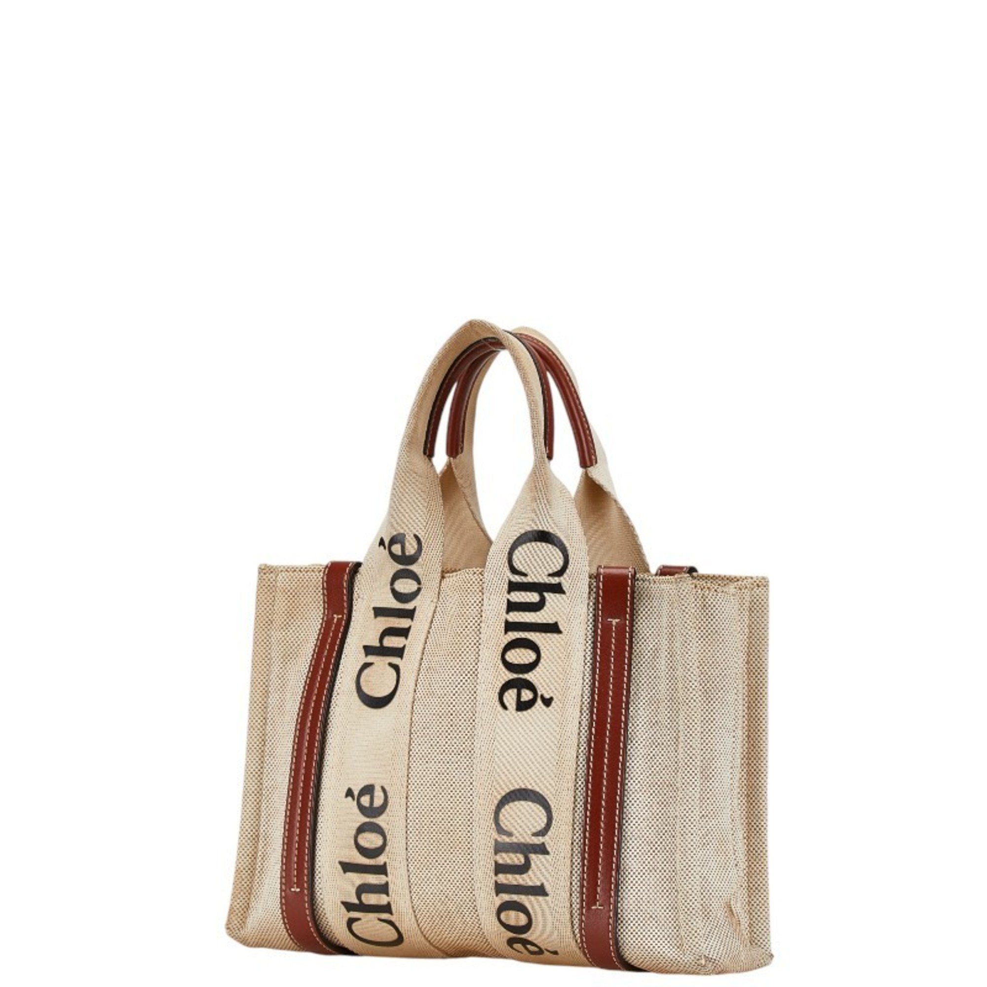 Chloé Chloe Woody Small Handbag Natural Tan Canvas Leather Women's