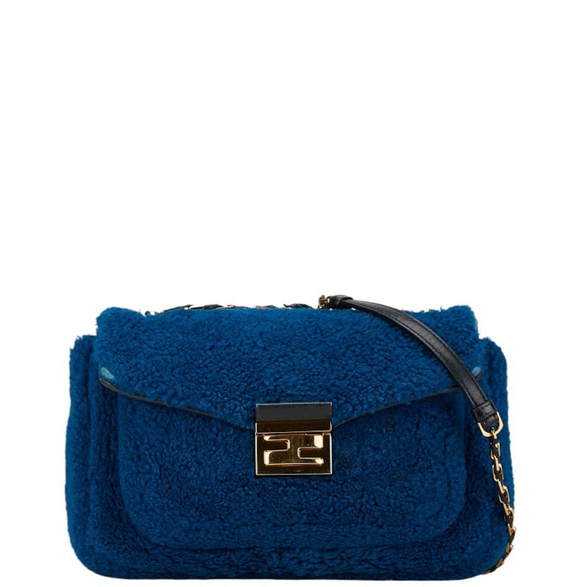 FENDI Chain Shoulder Bag Blue Mouton Leather Women's