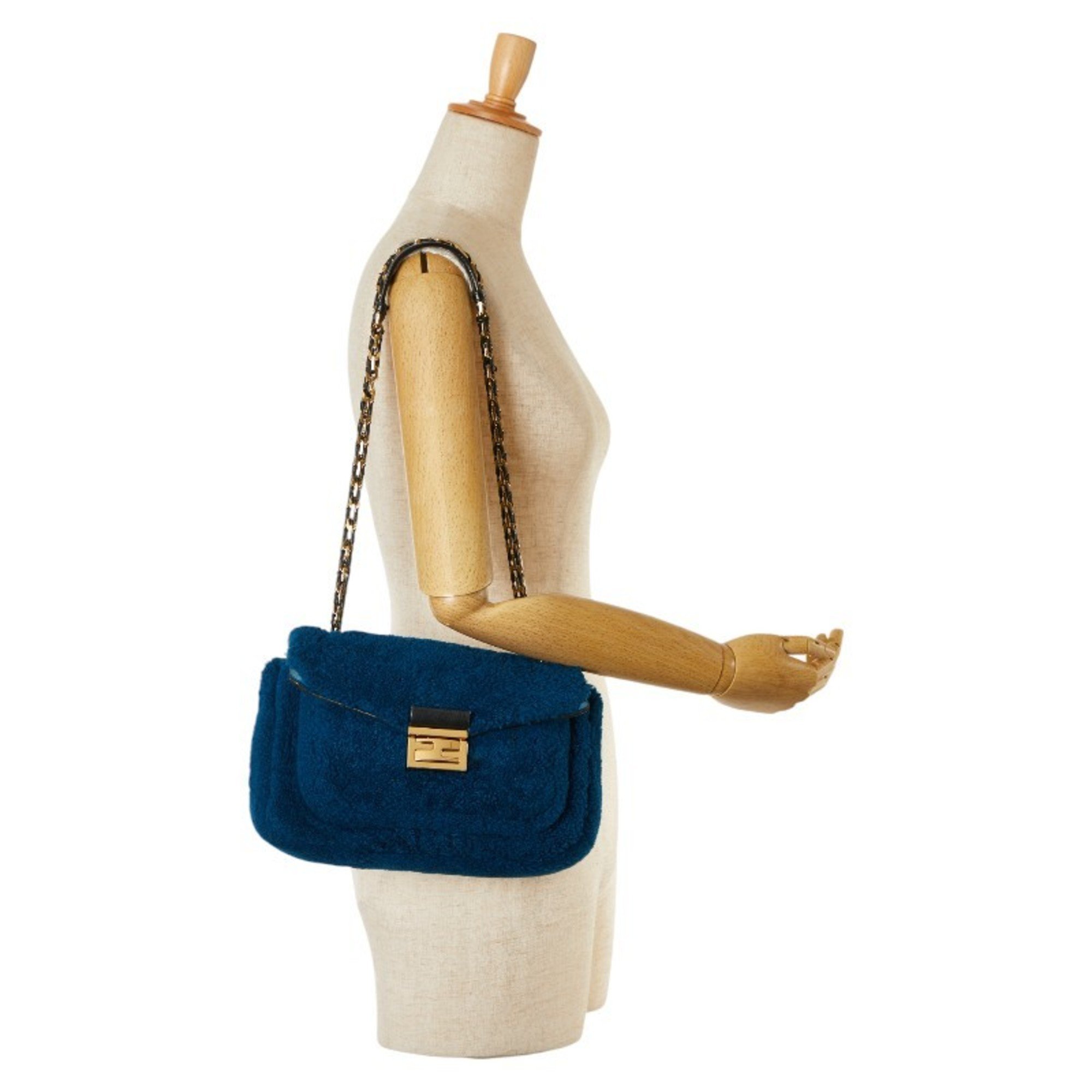 FENDI Chain Shoulder Bag Blue Mouton Leather Women's