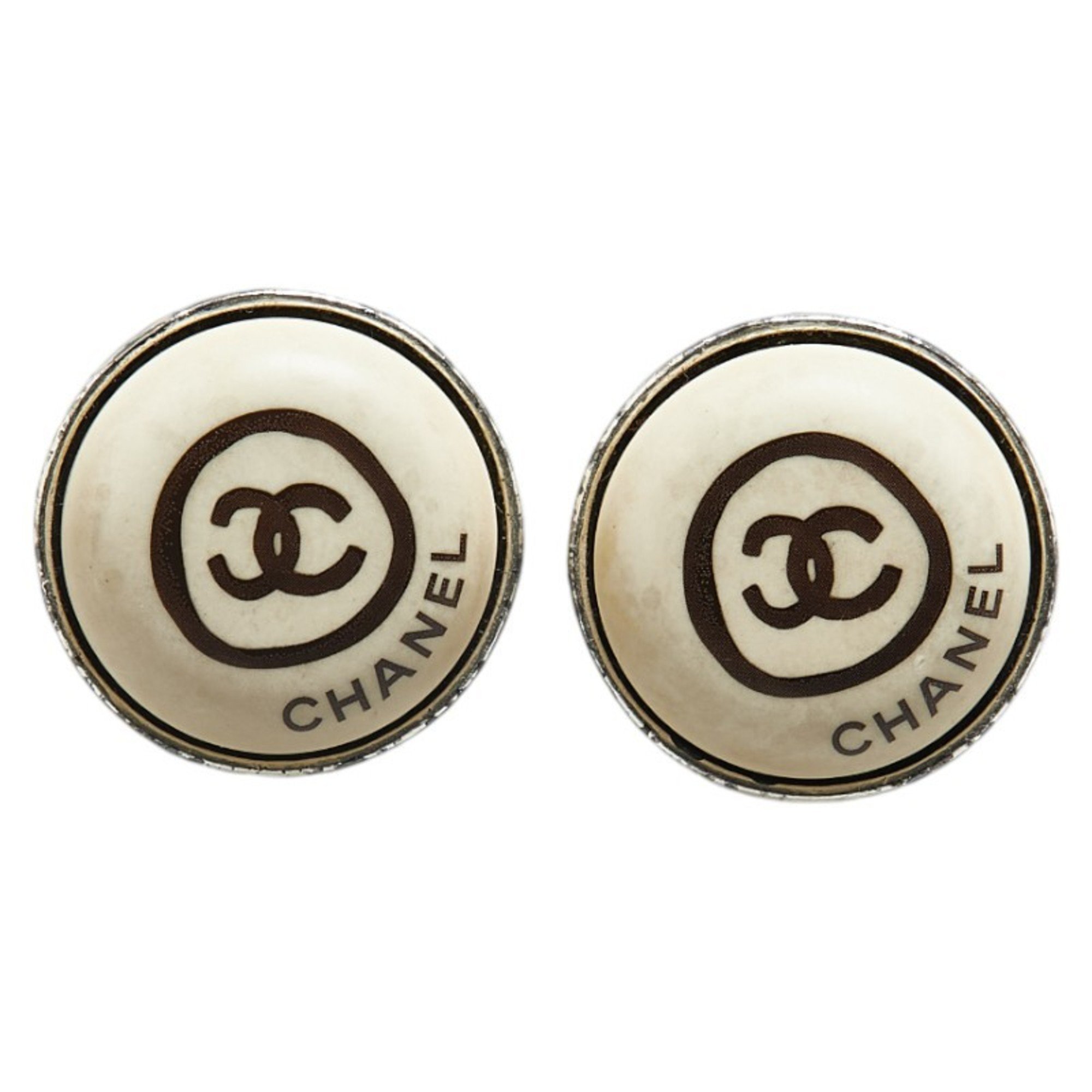 Chanel Coco Mark Round Earrings Silver White Metal Plastic Women's CHANEL