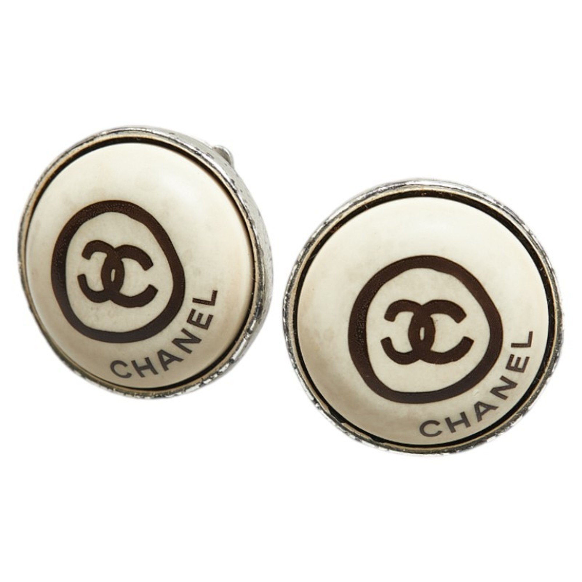 Chanel Coco Mark Round Earrings Silver White Metal Plastic Women's CHANEL