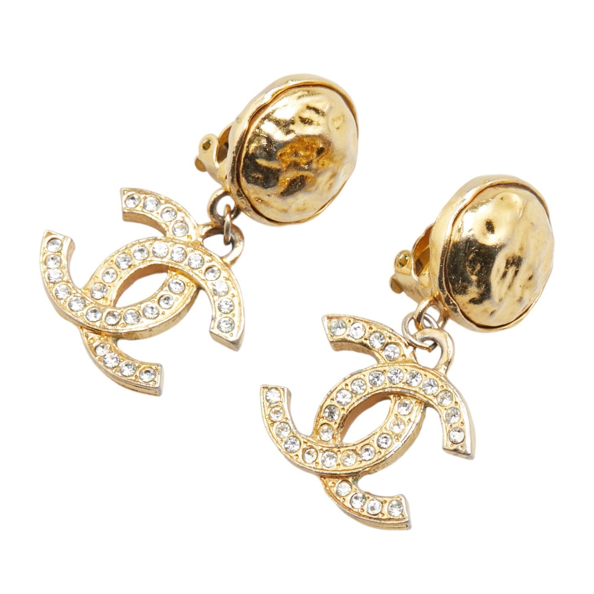 Chanel Coco Mark Rhinestone Earrings Gold Plated Women's CHANEL