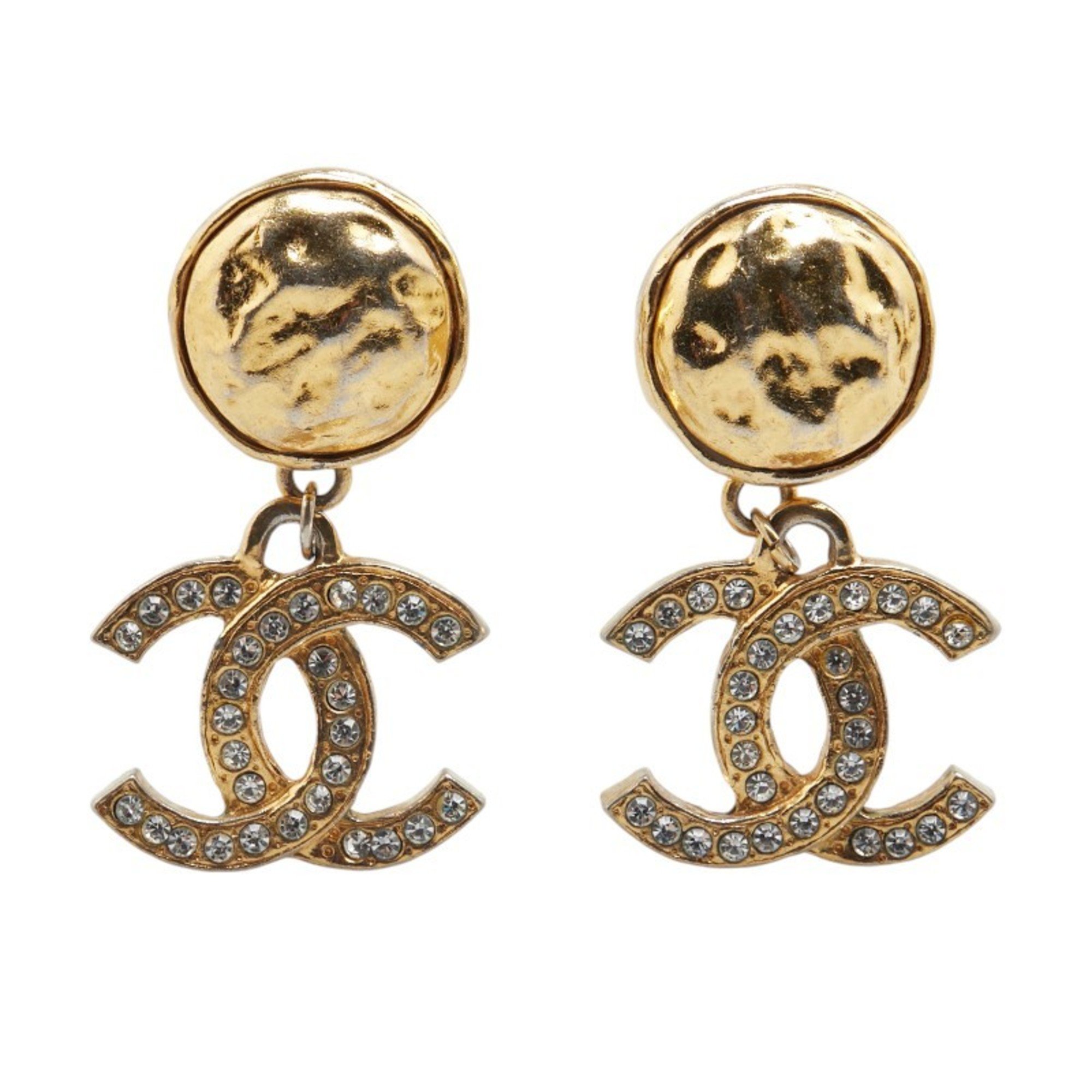 Chanel Coco Mark Rhinestone Earrings Gold Plated Women's CHANEL